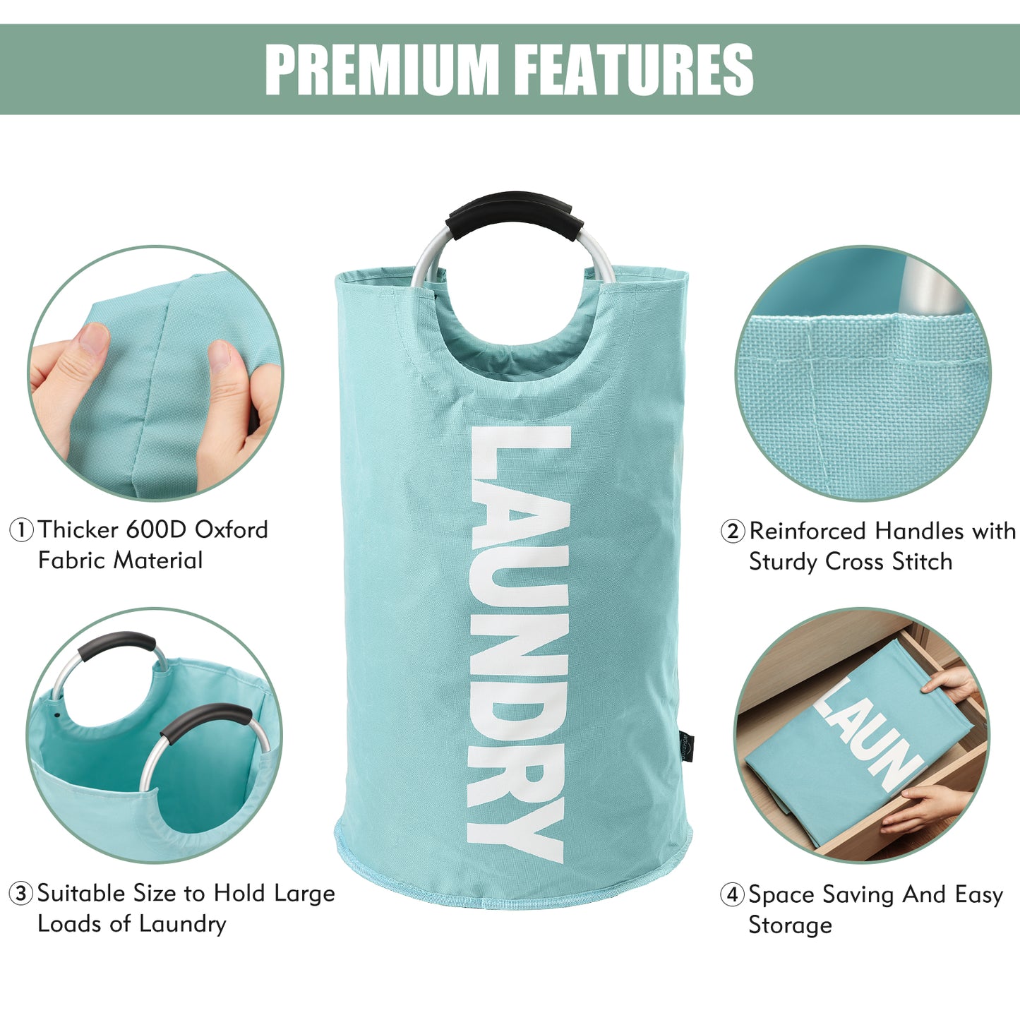 DOKEHOM 125L X-Large Laundry Basket, Collapsible Laundry Bag, Freestanding Tall Clothes Hamper, Foldable Washing Bin (Light Blue)