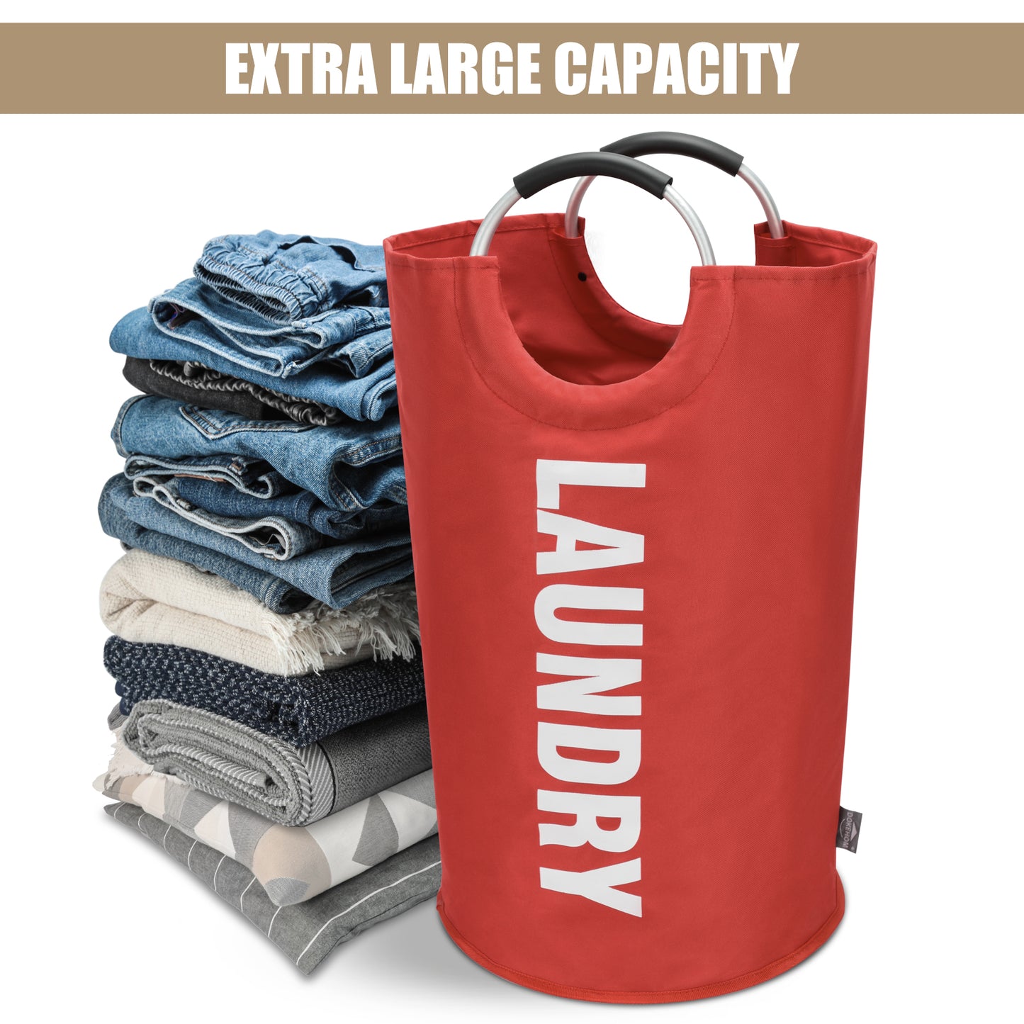 DOKEHOM 90L Large Laundry Basket, Collapsible Laundry Bag, Freestanding Tall Clothes Hamper, Foldable Washing Bin (Red)
