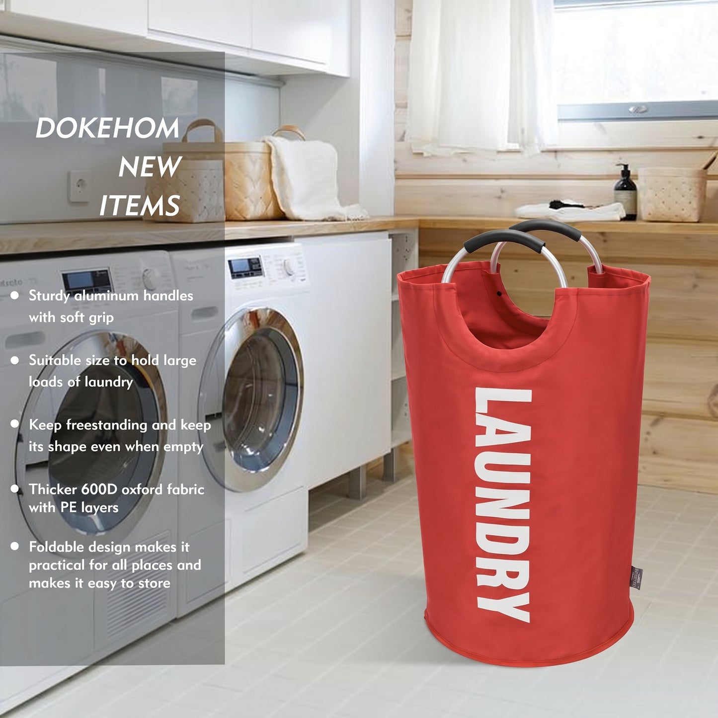 DOKEHOM 125L X-Large Laundry Basket, Collapsible Laundry Bag, Freestanding Tall Clothes Hamper, Foldable Washing Bin (Red)