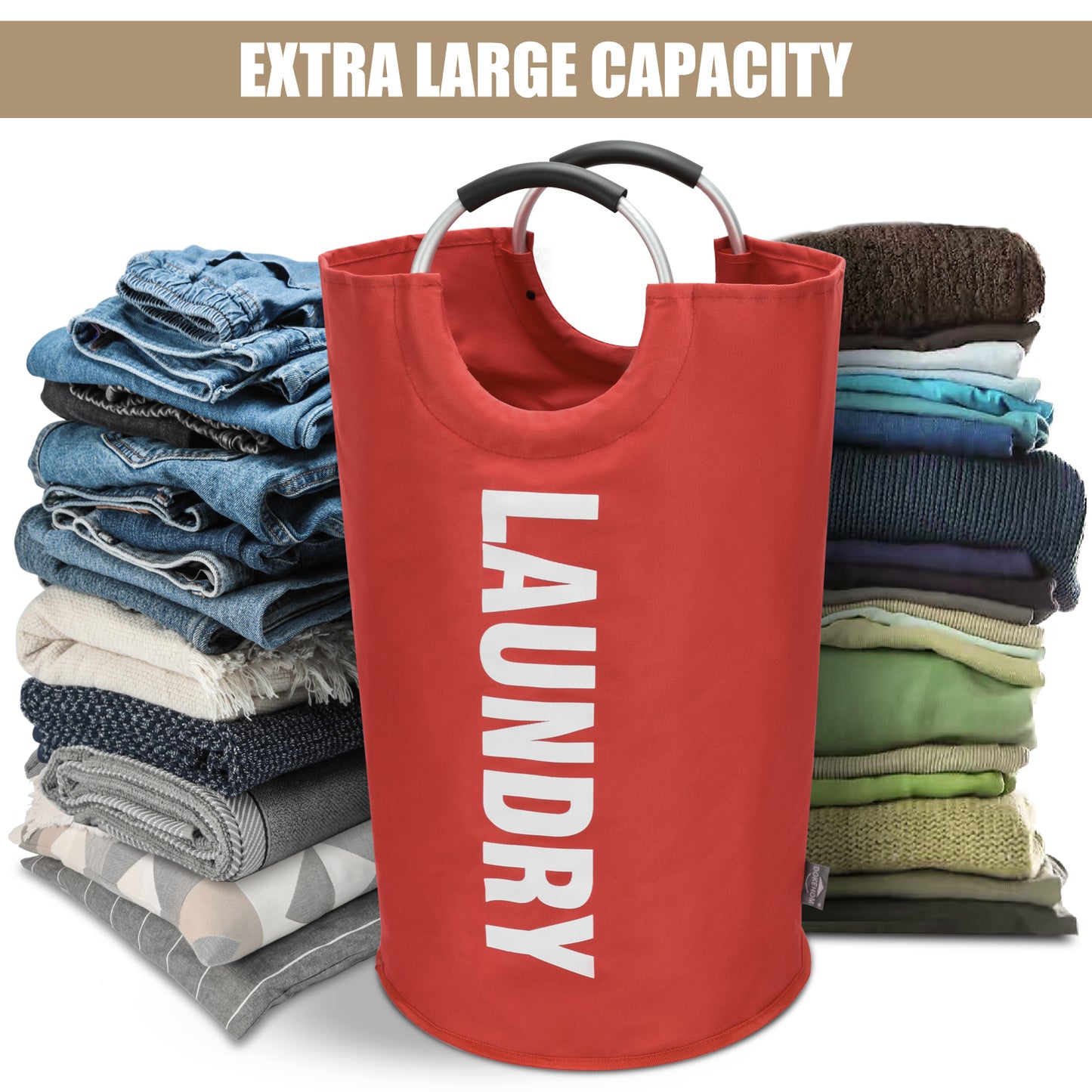 DOKEHOM 125L X-Large Laundry Basket, Collapsible Laundry Bag, Freestanding Tall Clothes Hamper, Foldable Washing Bin (Red)