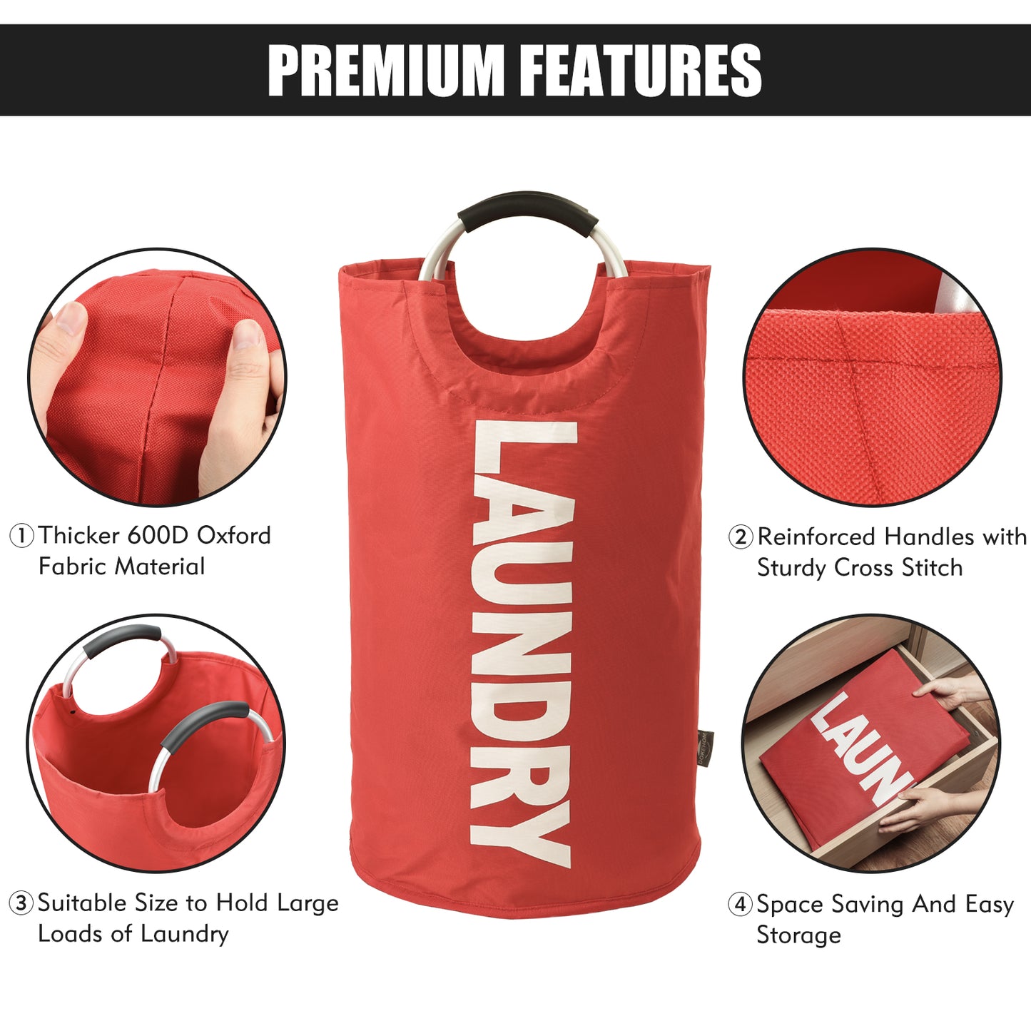 DOKEHOM 125L X-Large Laundry Basket, Collapsible Laundry Bag, Freestanding Tall Clothes Hamper, Foldable Washing Bin (Red)