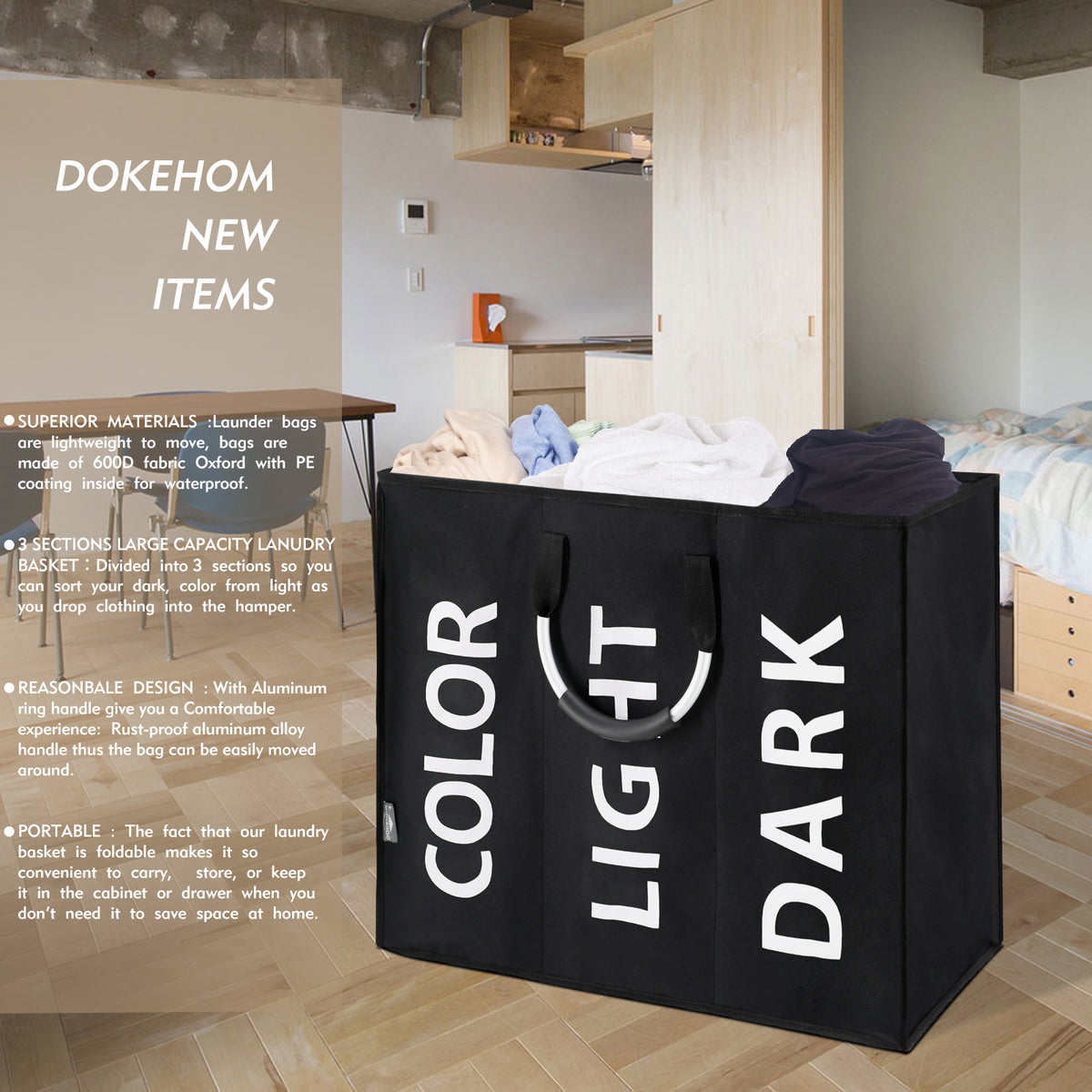 DOKEHOM 120L Large Collapsible Washing Laundry Basket Bag with 3 Sections for Bedroom, Fabric (Black)