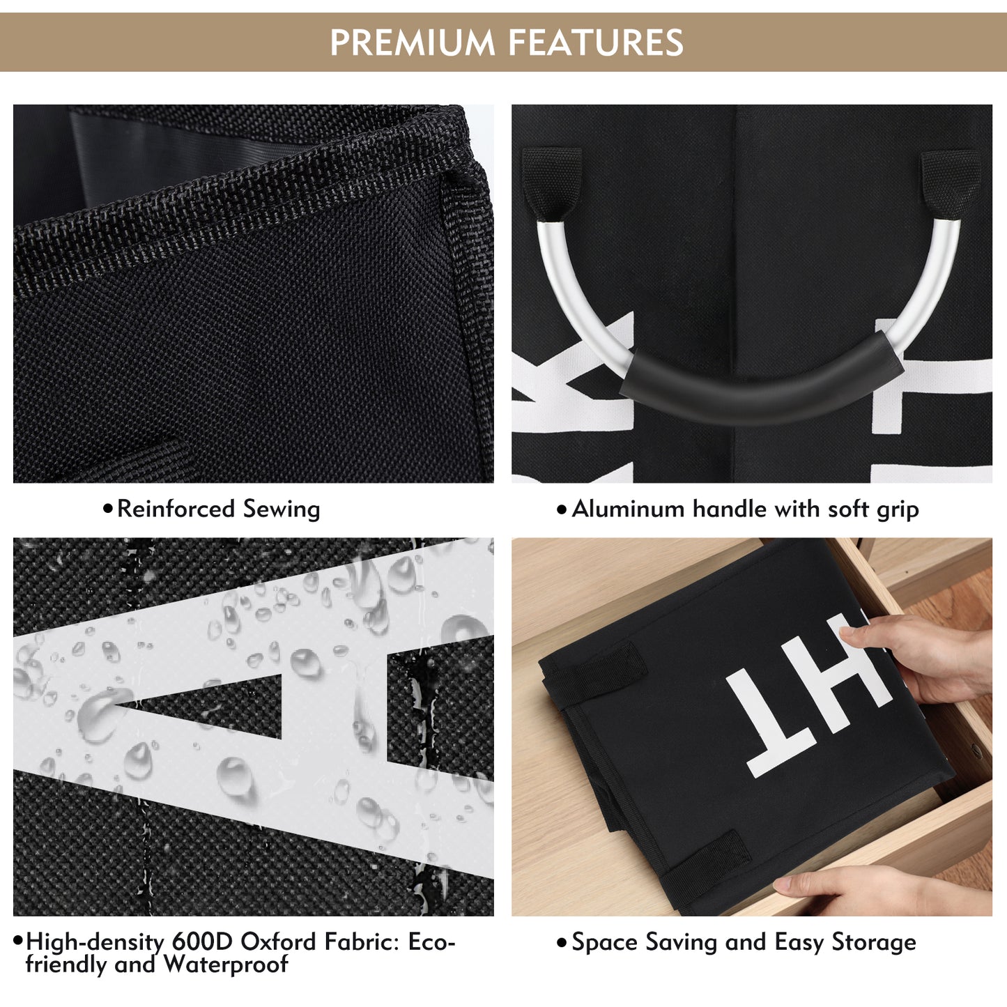 DOKEHOM 50L/80L/120L Large Collapsible Washing Laundry Basket Bag with 2 Sections for Bedroom, Fabric (Black)