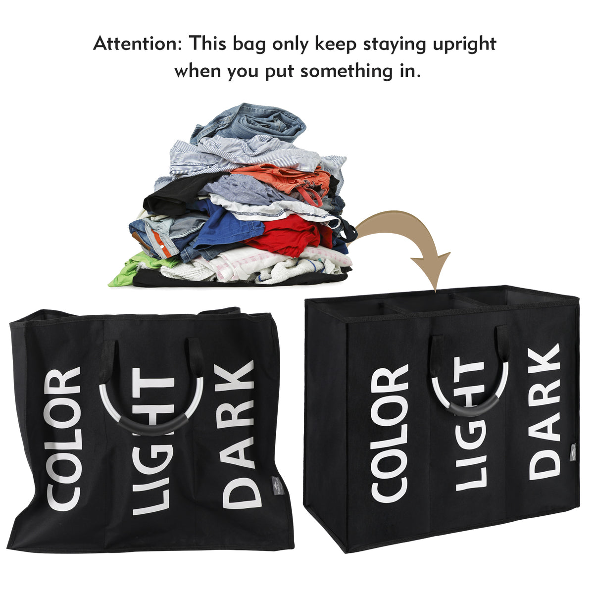 DOKEHOM 120L Large Collapsible Washing Laundry Basket Bag with 3 Sections for Bedroom, Fabric (Black)