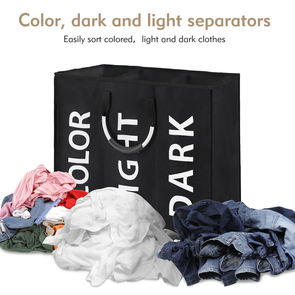 DOKEHOM 120L Large Collapsible Washing Laundry Basket Bag with 3 Sections for Bedroom, Fabric (Black)