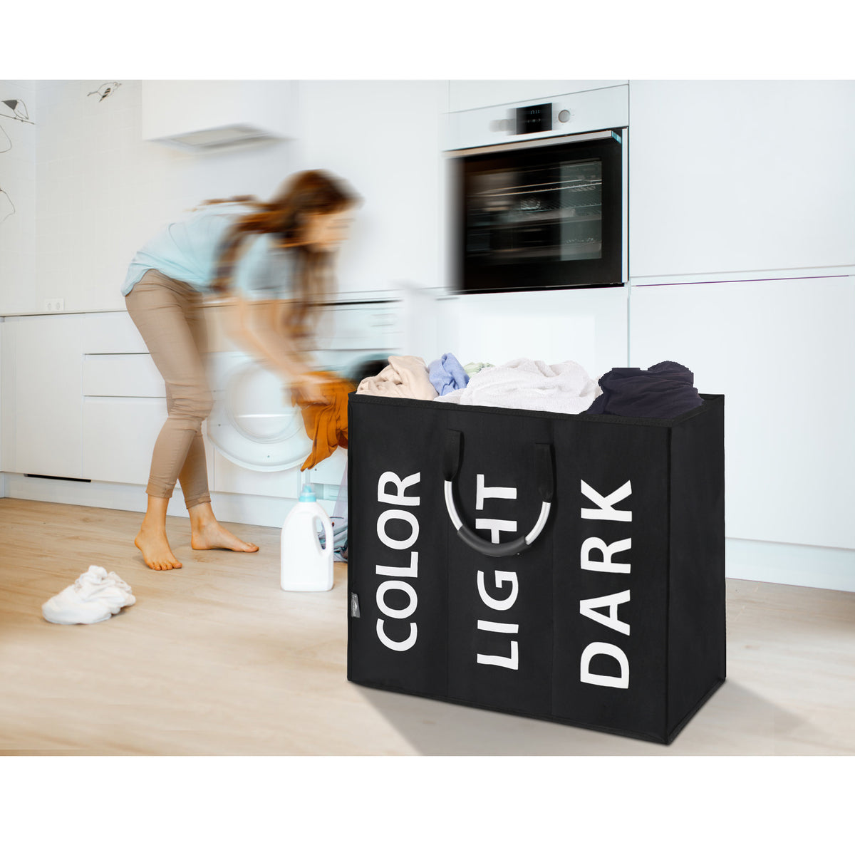 DOKEHOM 120L Large Collapsible Washing Laundry Basket Bag with 3 Sections for Bedroom, Fabric (Black)