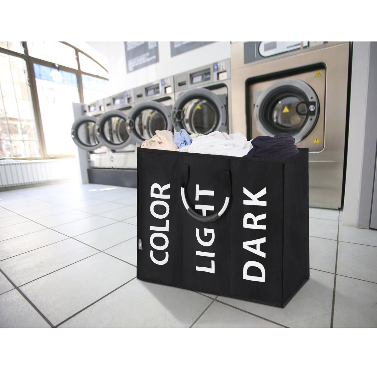 DOKEHOM 120L Large Collapsible Washing Laundry Basket Bag with 3 Sections for Bedroom, Fabric (Black)