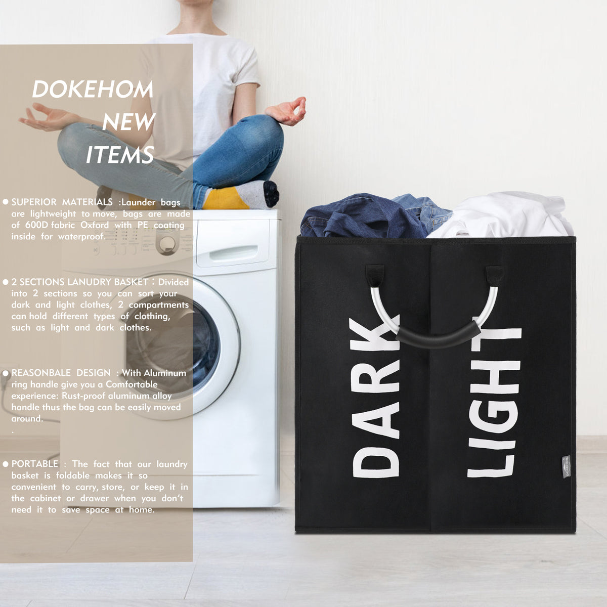 DOKEHOM 80L Large Collapsible Washing Laundry Basket Bag with 2 Sections for Bedroom, Fabric (Black)