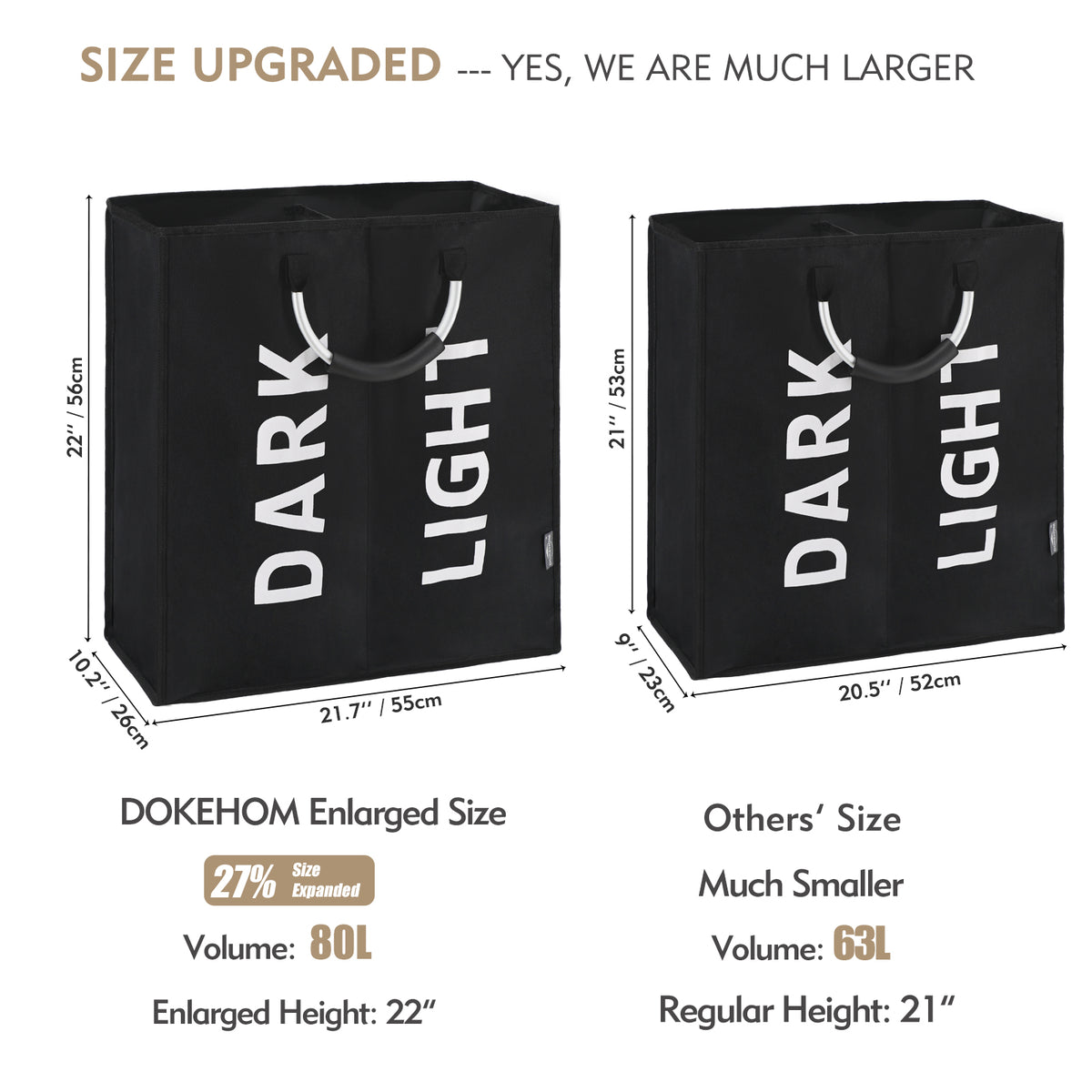 DOKEHOM 80L Large Collapsible Washing Laundry Basket Bag with 2 Sections for Bedroom, Fabric (Black)