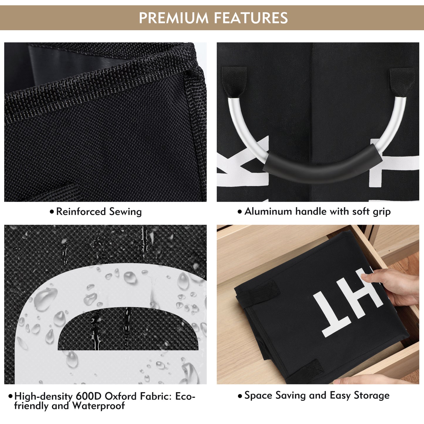 DOKEHOM 50L/80L/120L Large Collapsible Washing Laundry Basket Bag with 2 Sections for Bedroom, Fabric (Black)