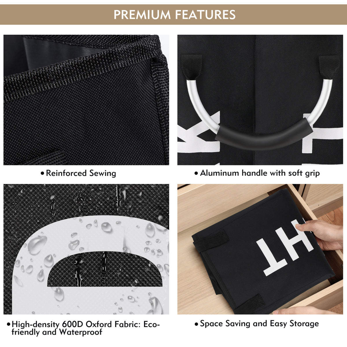 DOKEHOM 80L Large Collapsible Washing Laundry Basket Bag with 2 Sections for Bedroom, Fabric (Black)