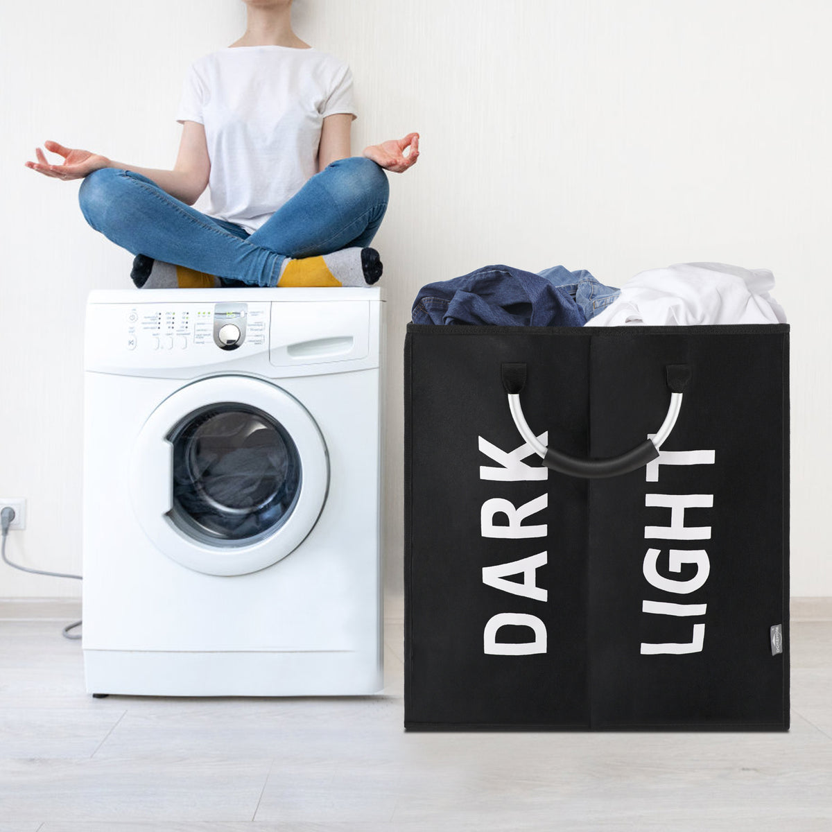 DOKEHOM 80L Large Collapsible Washing Laundry Basket Bag with 2 Sections for Bedroom, Fabric (Black)