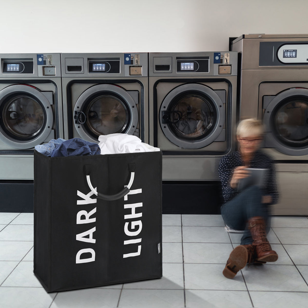 DOKEHOM 80L Large Collapsible Washing Laundry Basket Bag with 2 Sections for Bedroom, Fabric (Black)