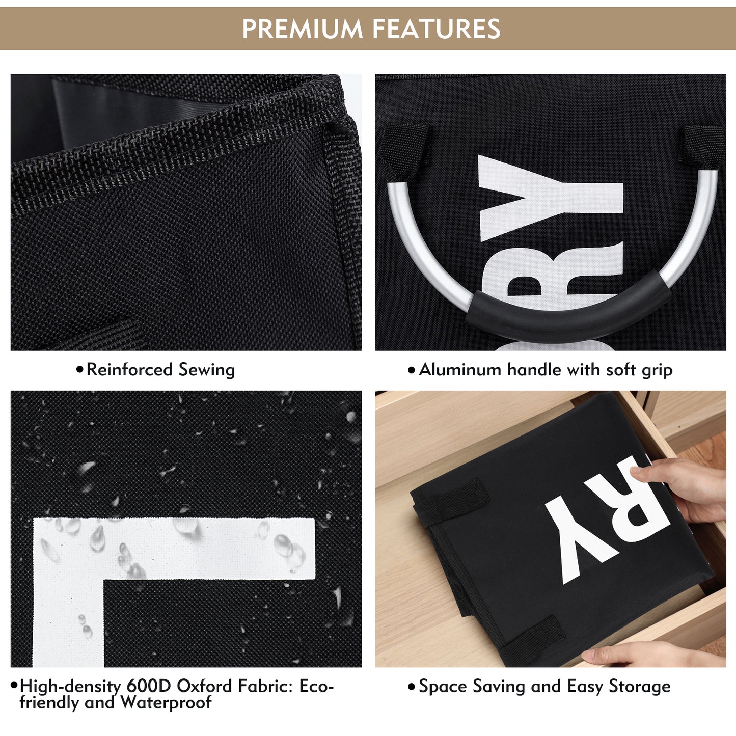 DOKEHOM 50L/80L/120L Large Collapsible Washing Laundry Basket Bag with 2 Sections for Bedroom, Fabric (Black)