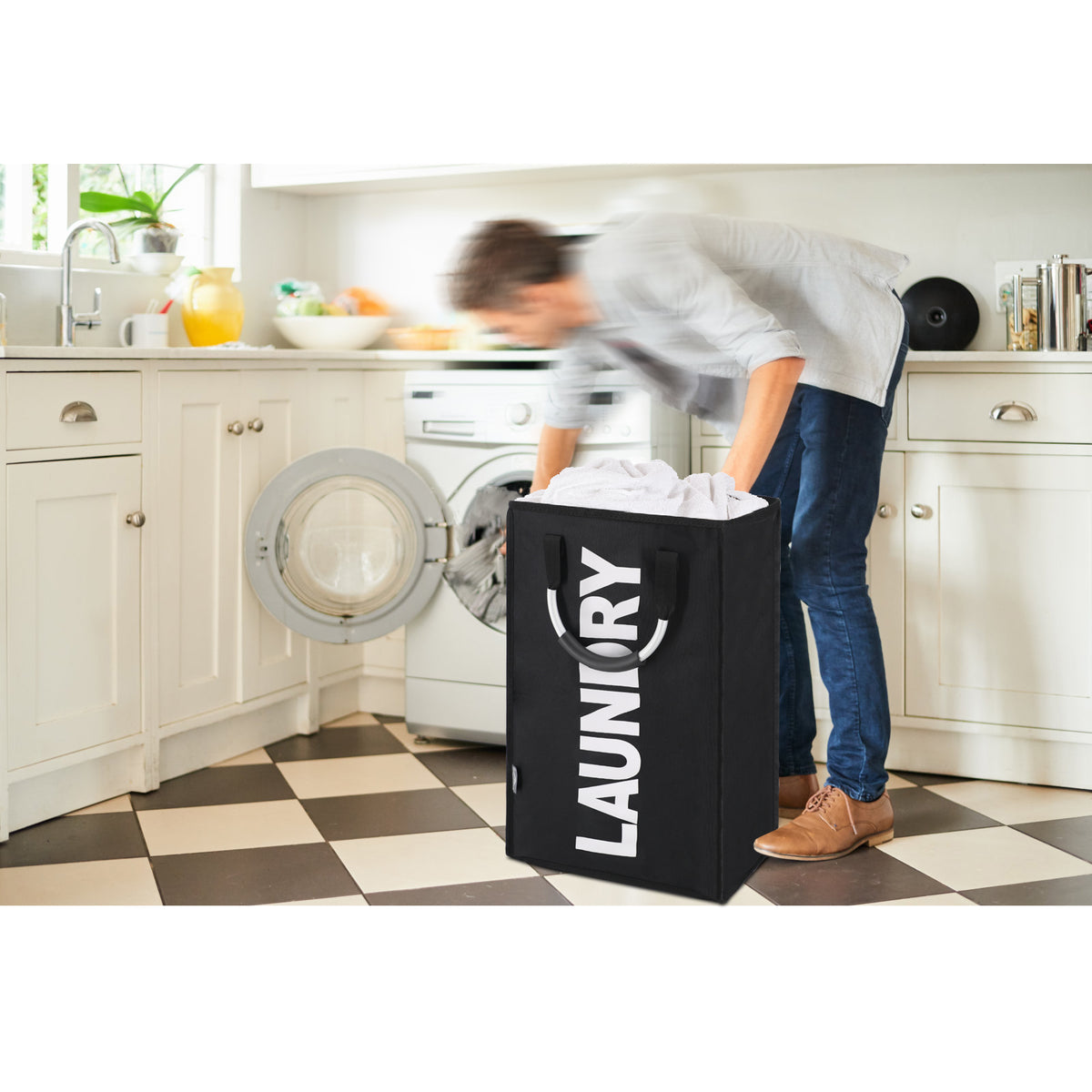 DOKEHOM 50L Collapsible Washing Laundry Basket Bag for Bedroom, Fabric (Black)