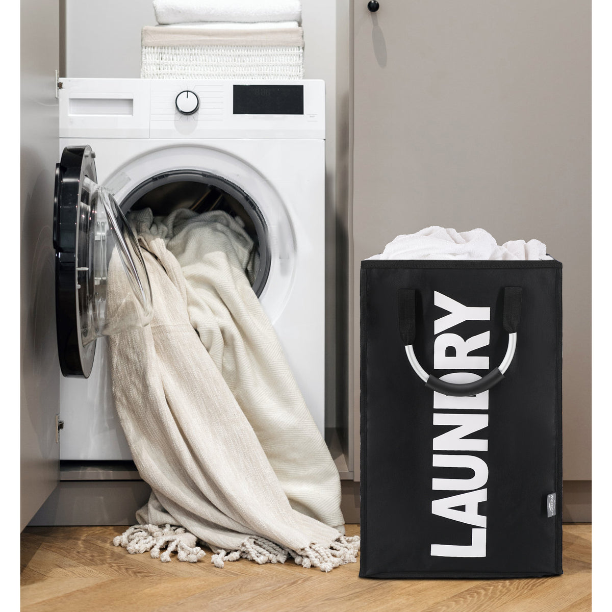 DOKEHOM 50L Collapsible Washing Laundry Basket Bag for Bedroom, Fabric (Black)