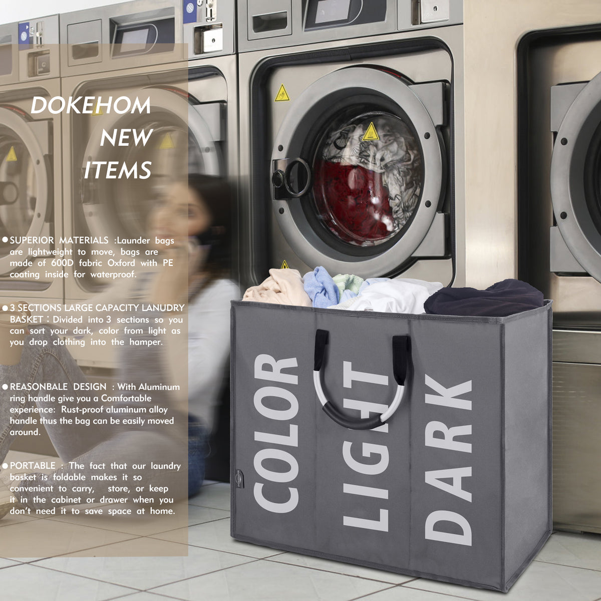 DOKEHOM 120L Large Collapsible Washing Laundry Basket Bag with 3 Sections for Bedroom, Fabric (Dark Grey)