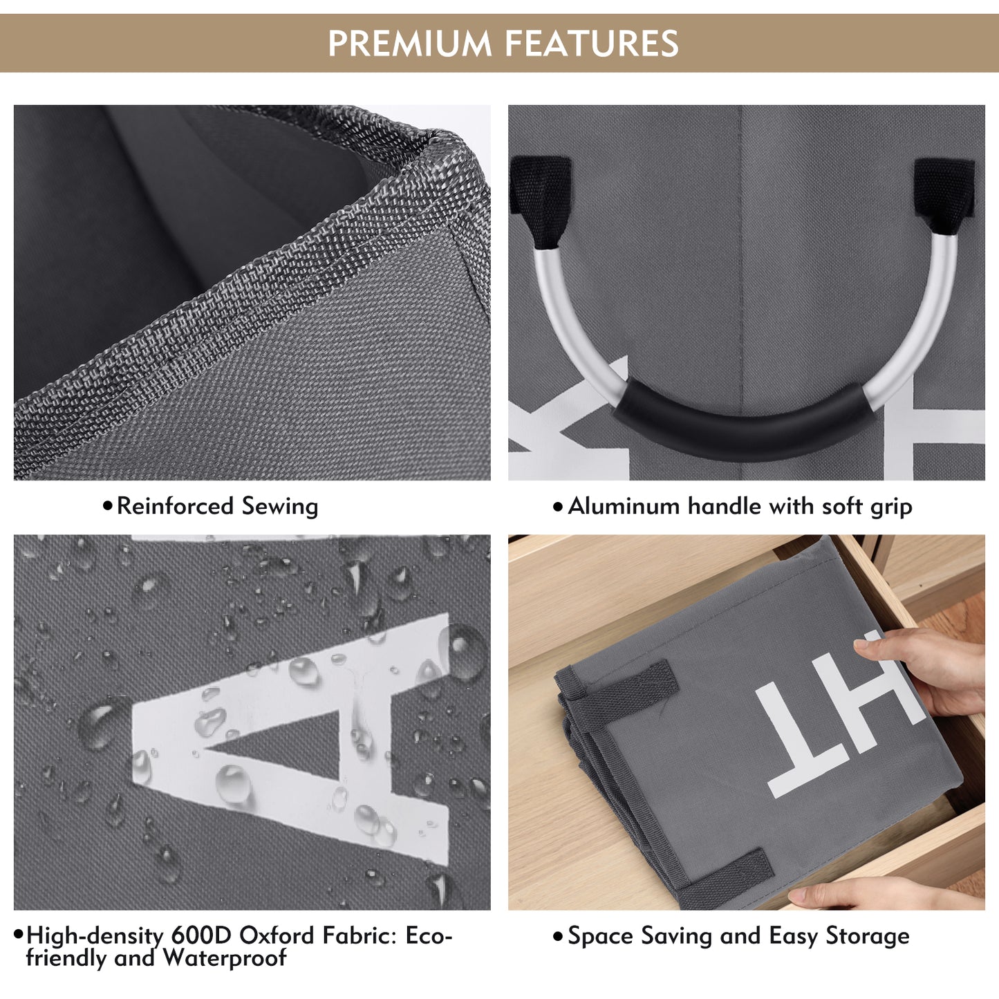 DOKEHOM 80L Large Collapsible Washing Laundry Basket Bag with 2 Sections for Bedroom, Fabric (Dark Grey)