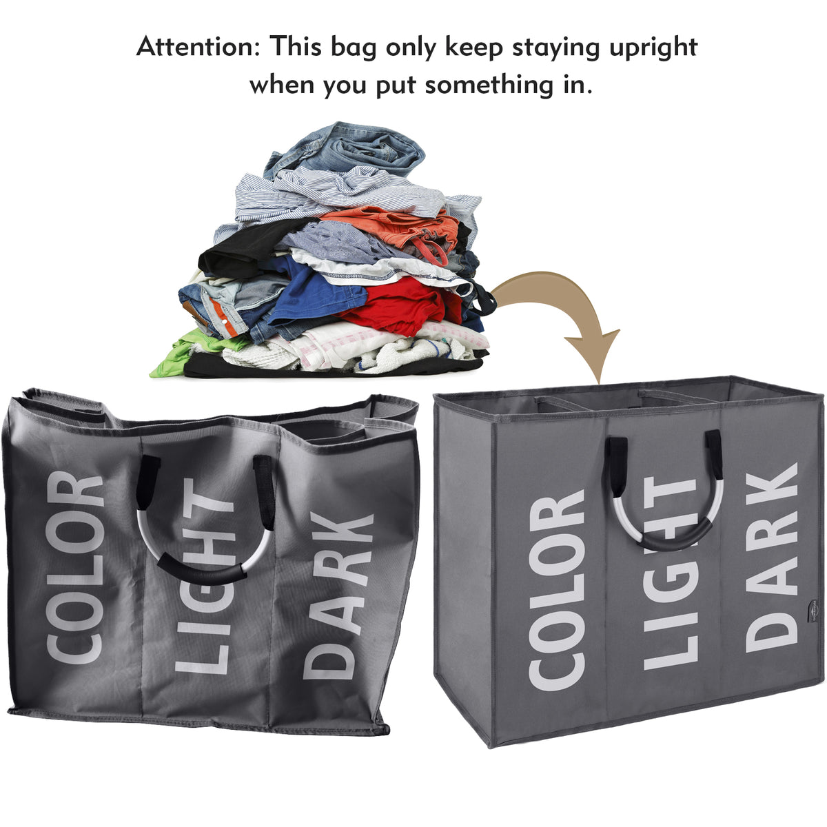 DOKEHOM 120L Large Collapsible Washing Laundry Basket Bag with 3 Sections for Bedroom, Fabric (Dark Grey)
