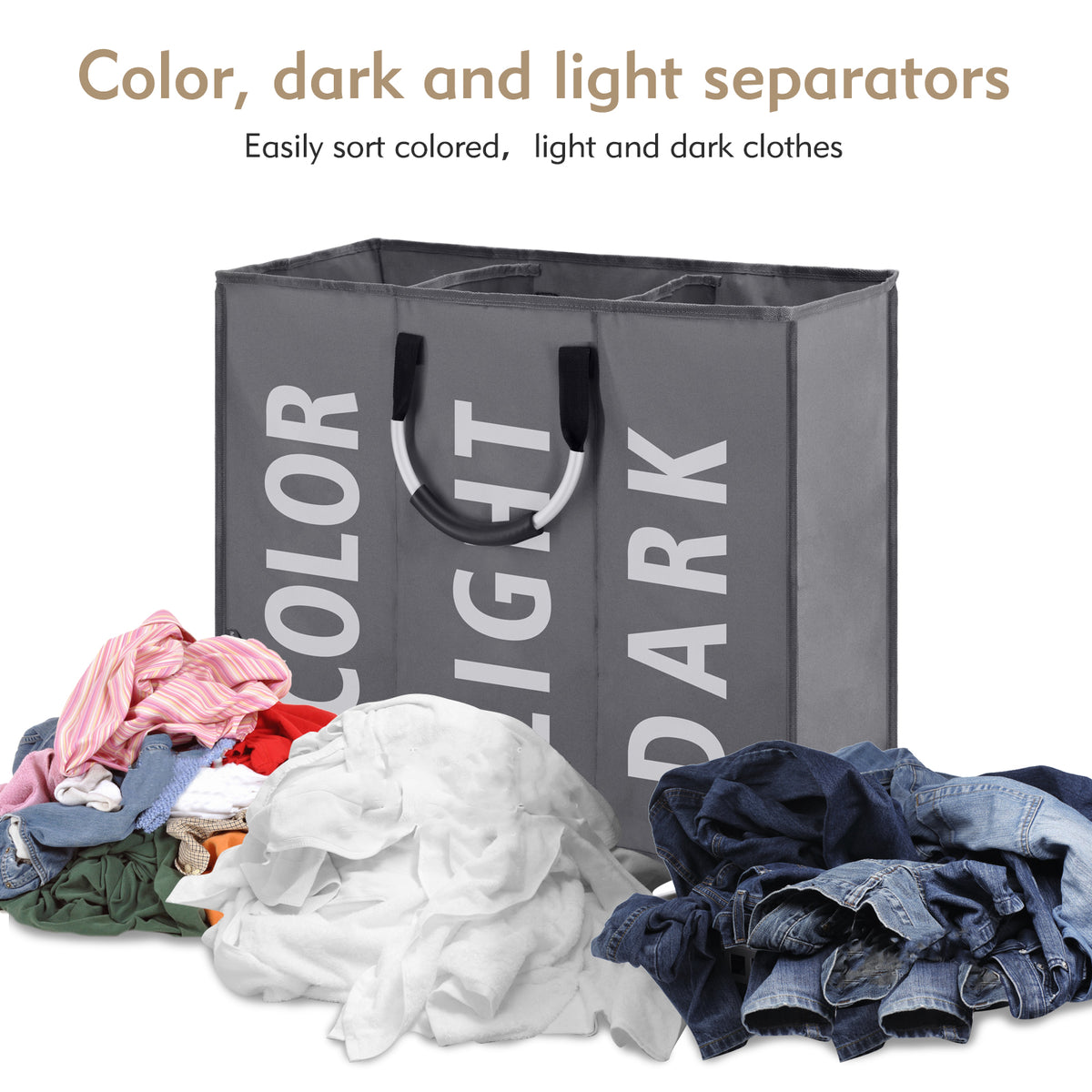 DOKEHOM 120L Large Collapsible Washing Laundry Basket Bag with 3 Sections for Bedroom, Fabric (Dark Grey)