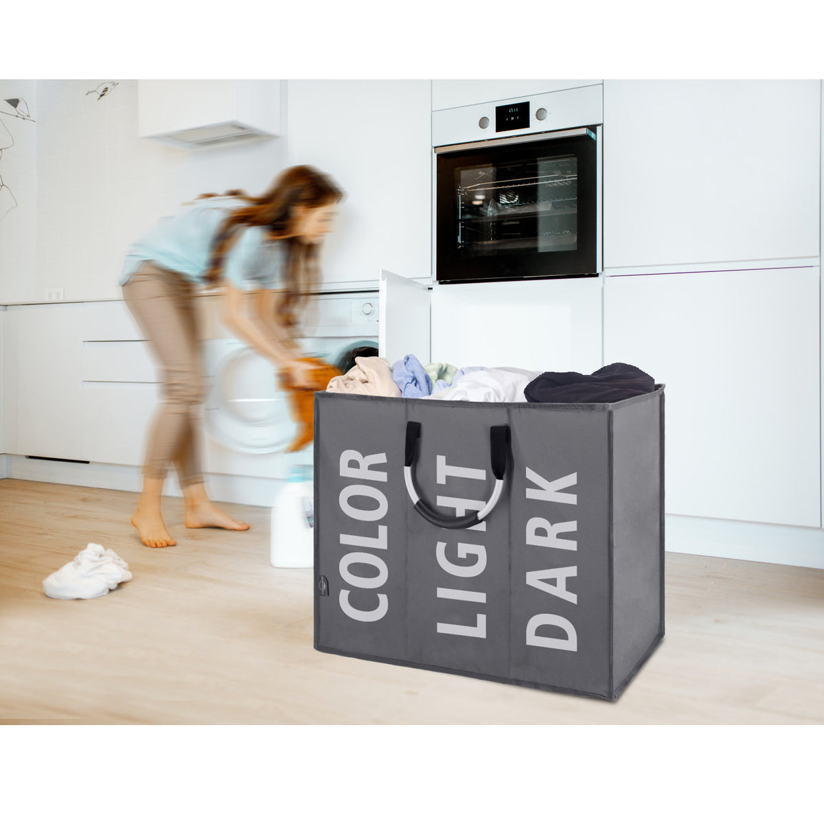 DOKEHOM 120L Large Collapsible Washing Laundry Basket Bag with 3 Sections for Bedroom, Fabric (Dark Grey)
