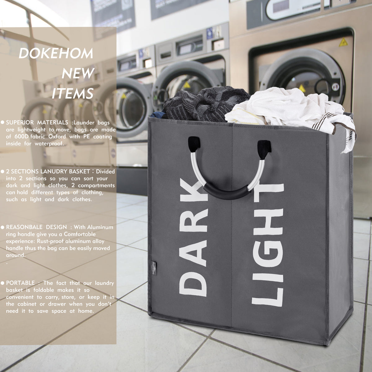 DOKEHOM 80L Large Collapsible Washing Laundry Basket Bag with 2 Sections for Bedroom, Fabric (Dark Grey)