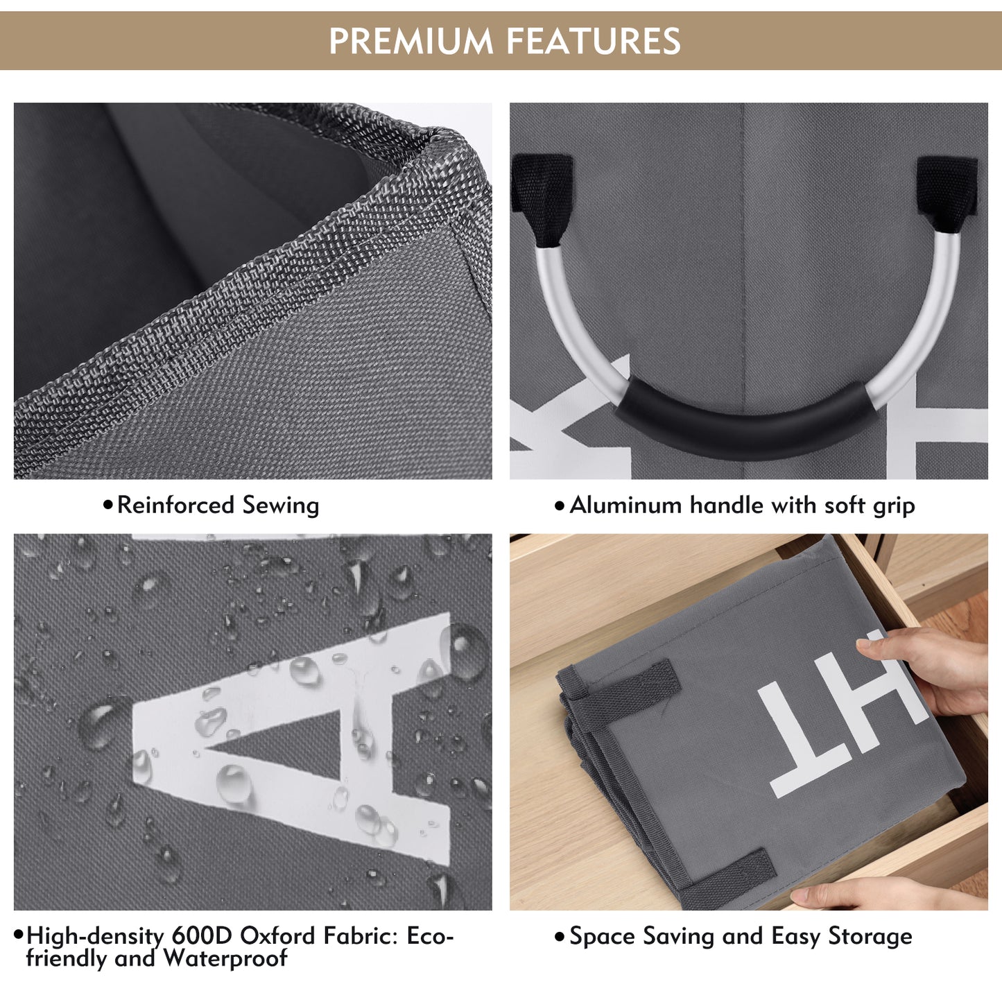 DOKEHOM 80L Large Collapsible Washing Laundry Basket Bag with 2 Sections for Bedroom, Fabric (Dark Grey)