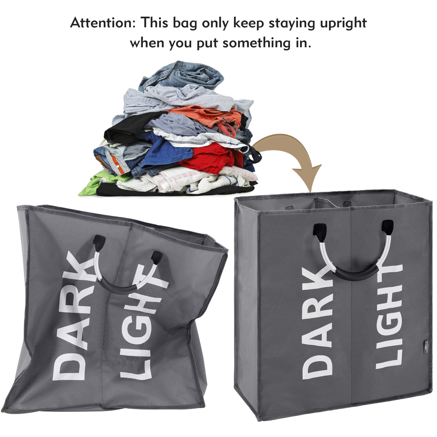 DOKEHOM 80L Large Collapsible Washing Laundry Basket Bag with 2 Sections for Bedroom, Fabric (Dark Grey)