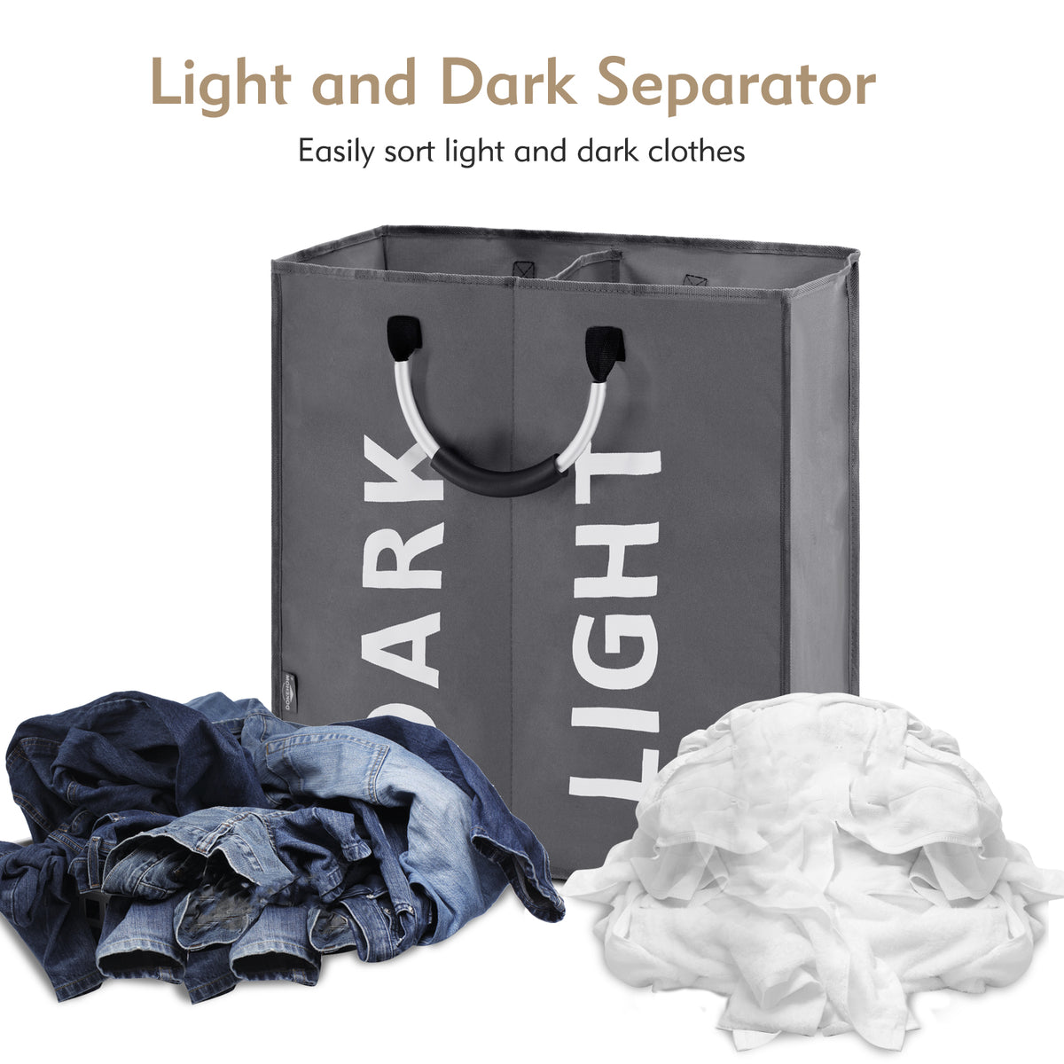 DOKEHOM 80L Large Collapsible Washing Laundry Basket Bag with 2 Sections for Bedroom, Fabric (Dark Grey)