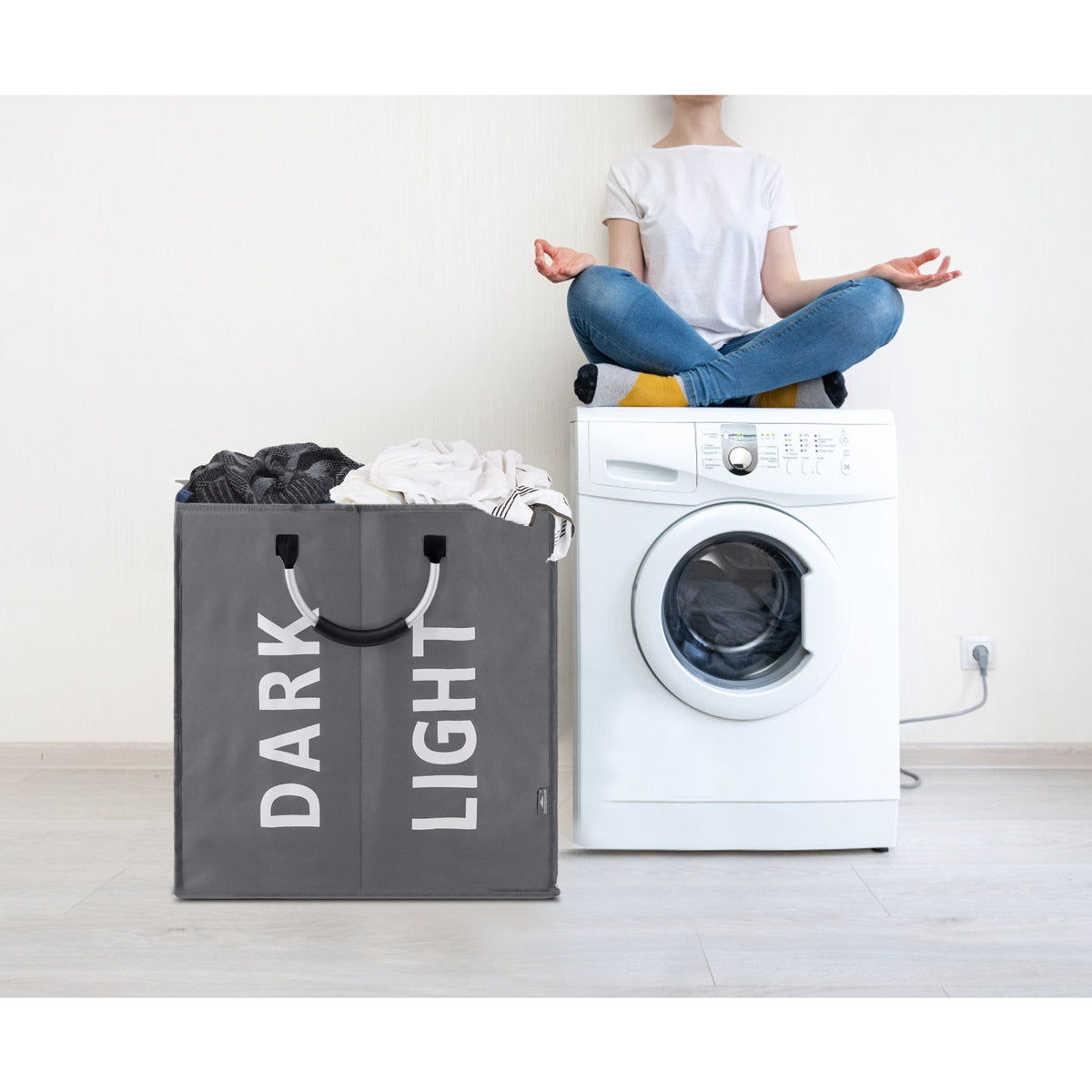 DOKEHOM 80L Large Collapsible Washing Laundry Basket Bag with 2 Sections for Bedroom, Fabric (Dark Grey)