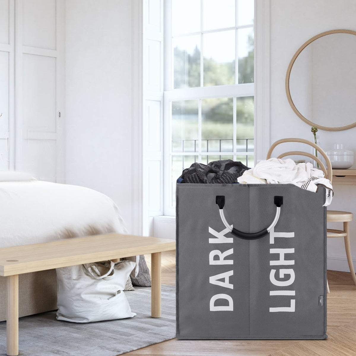 DOKEHOM 80L Large Collapsible Washing Laundry Basket Bag with 2 Sections for Bedroom, Fabric (Dark Grey)