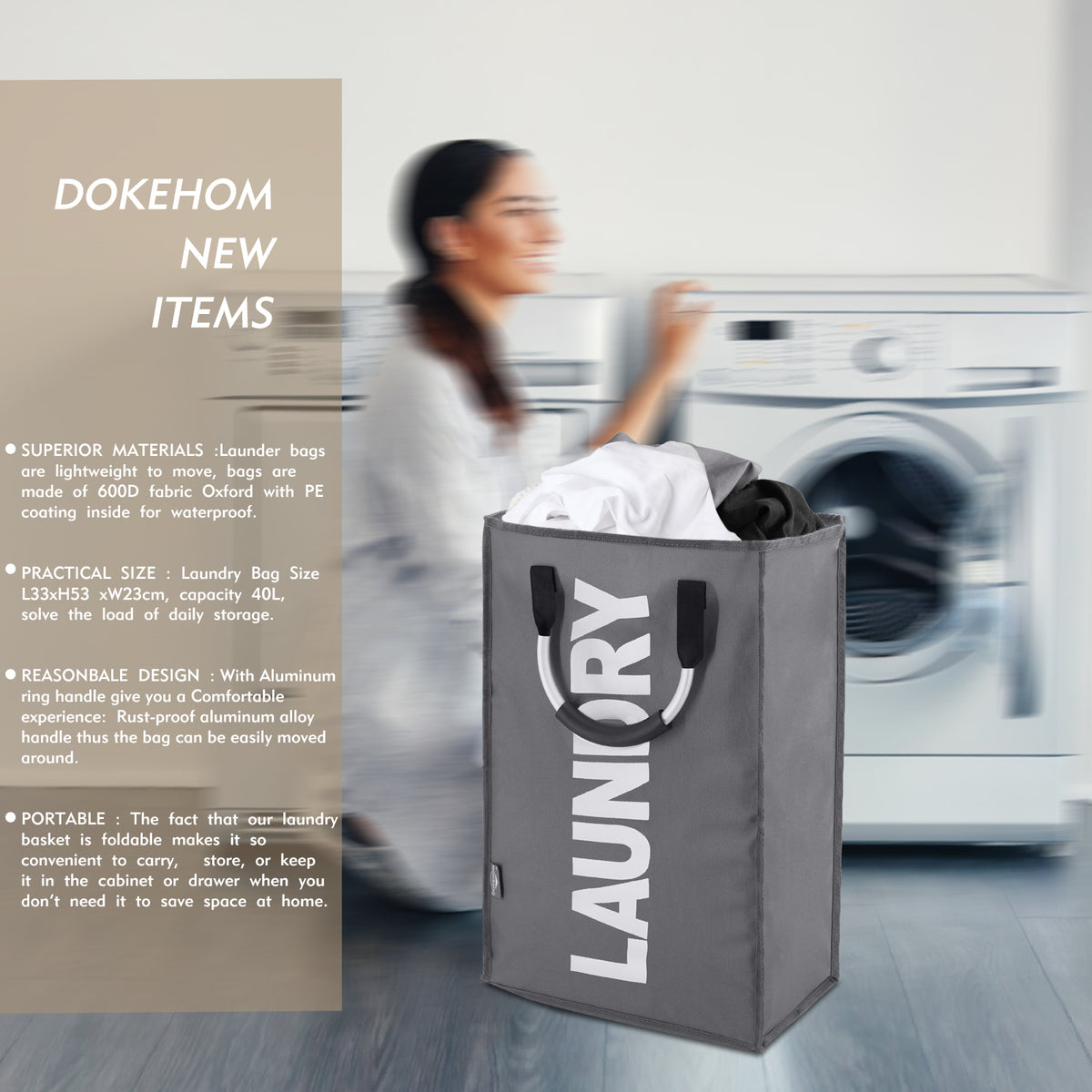 DOKEHOM 50L Collapsible Washing Laundry Basket Bag for Bedroom, Fabric (Dark Grey)