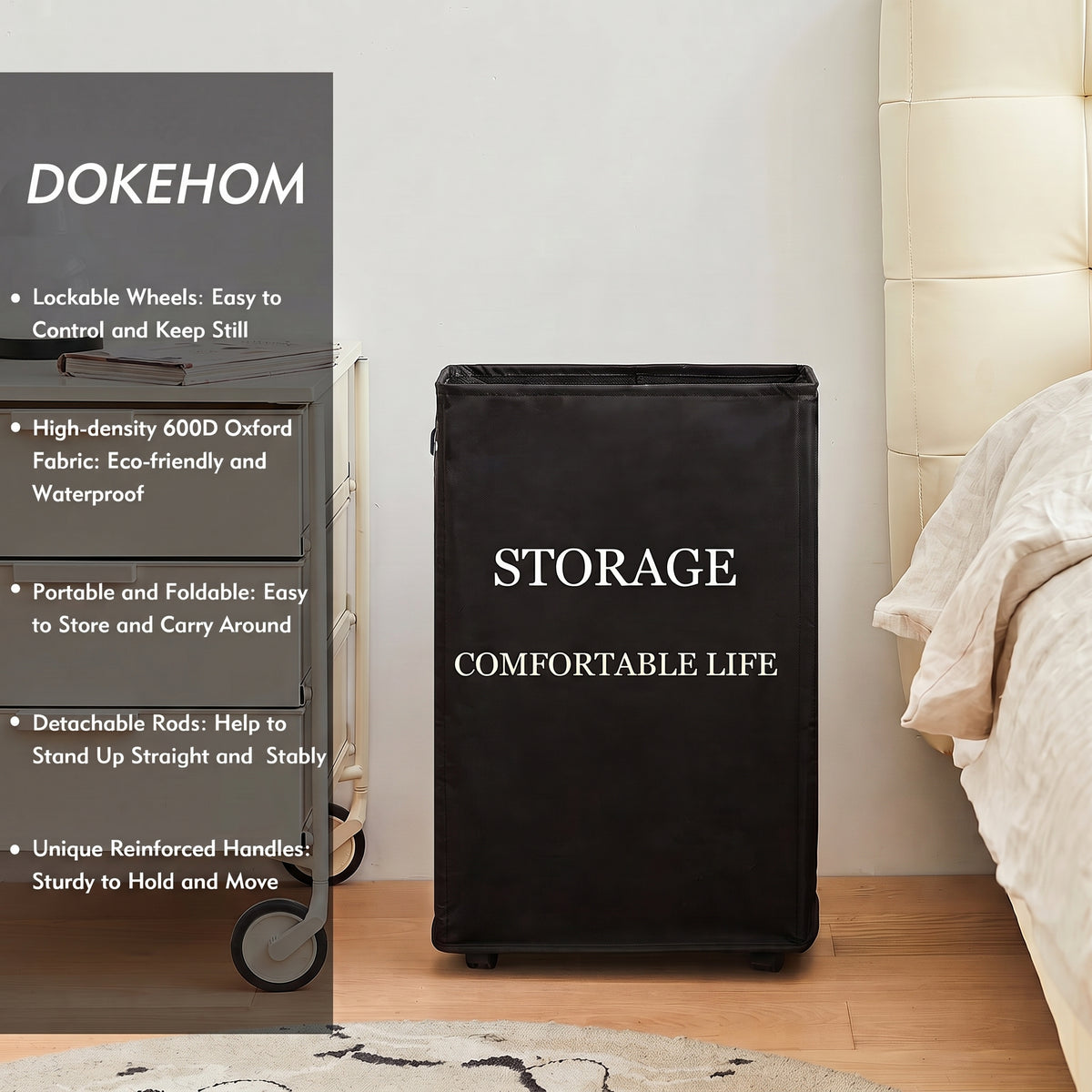 DOKEHOM 25-Inches Slim Laundry Basket on Wheels, Collapsible Rolling Laundry Hamper, Foldable Narrow Corner Clothes Storage Bins (Black)