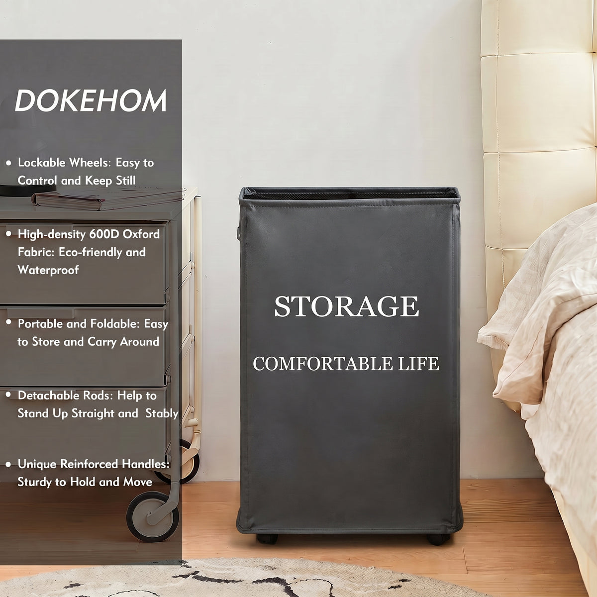 DOKEHOM 25-Inches Slim Laundry Basket on Wheels, Collapsible Rolling Laundry Hamper, Foldable Narrow Corner Clothes Storage Bins (Dark Grey)