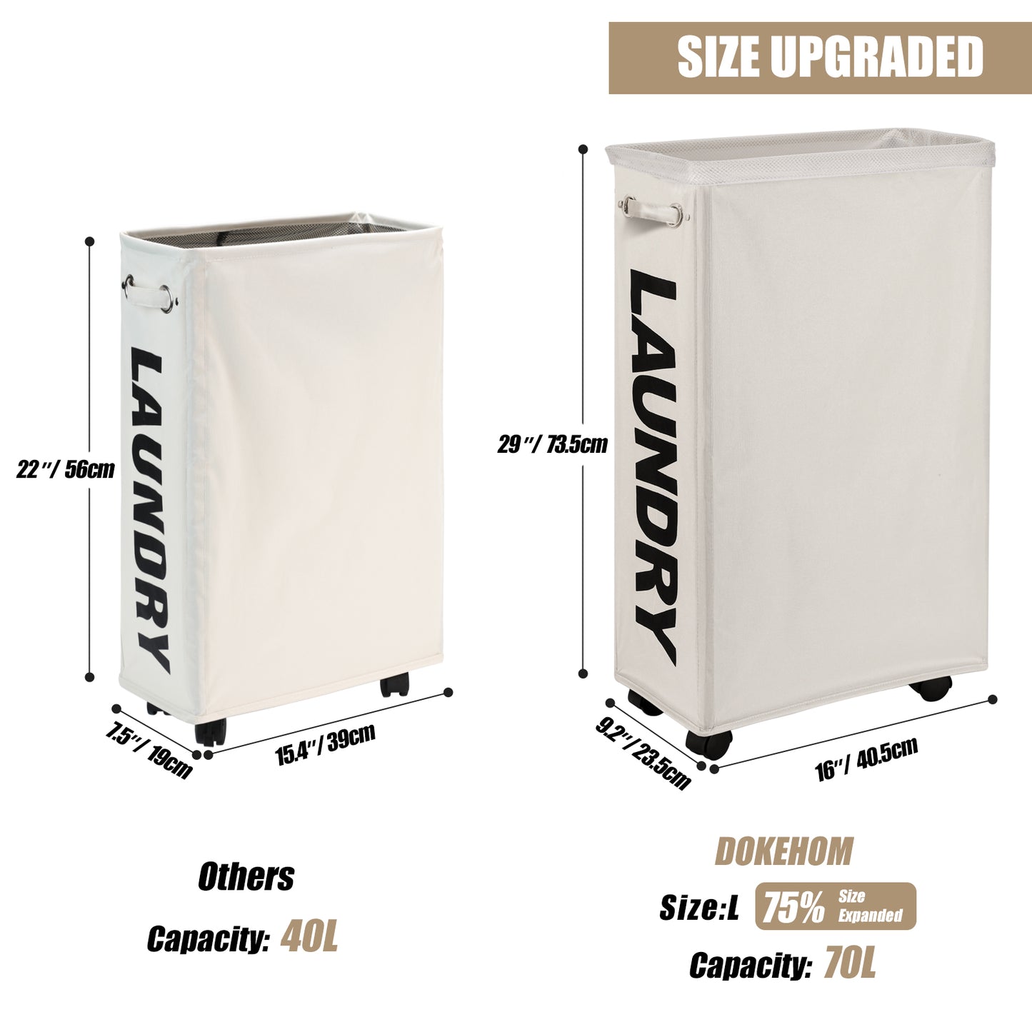 DOKEHOM 29-Inches Enlarged Slim Laundry Basket with Removable Wash Bag on Wheels, Collapsible Rolling Laundry Hamper, Foldable Narrow Corner Clothes Storage Bins (Beige)