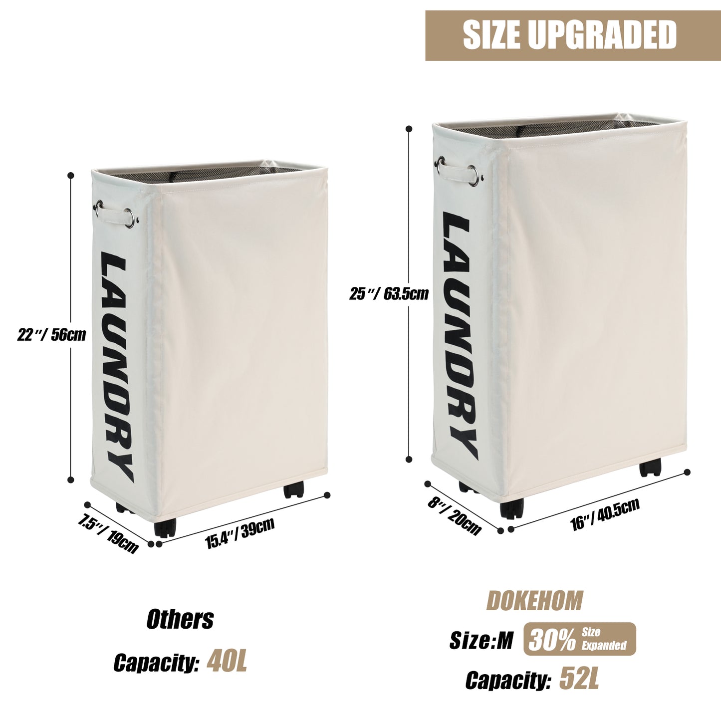 DOKEHOM 25-Inches Slim Laundry Basket on Wheels, Collapsible Rolling Laundry Hamper, Foldable Narrow Corner Clothes Storage Bins (Beige)