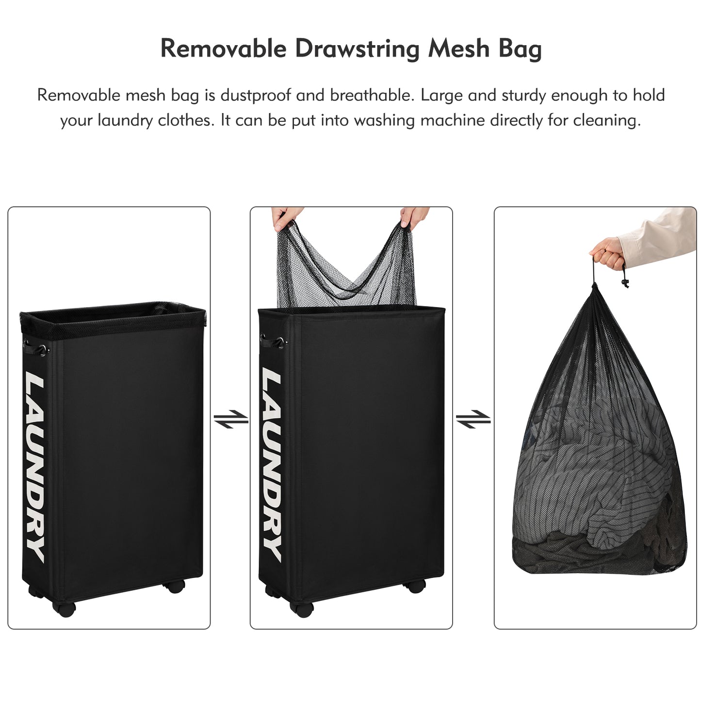 DOKEHOM 29-Inches Enlarged Slim Laundry Basket with Removable Wash Bag on Wheels, Collapsible Rolling Laundry Hamper, Foldable Narrow Corner Clothes Storage Bins (Black)