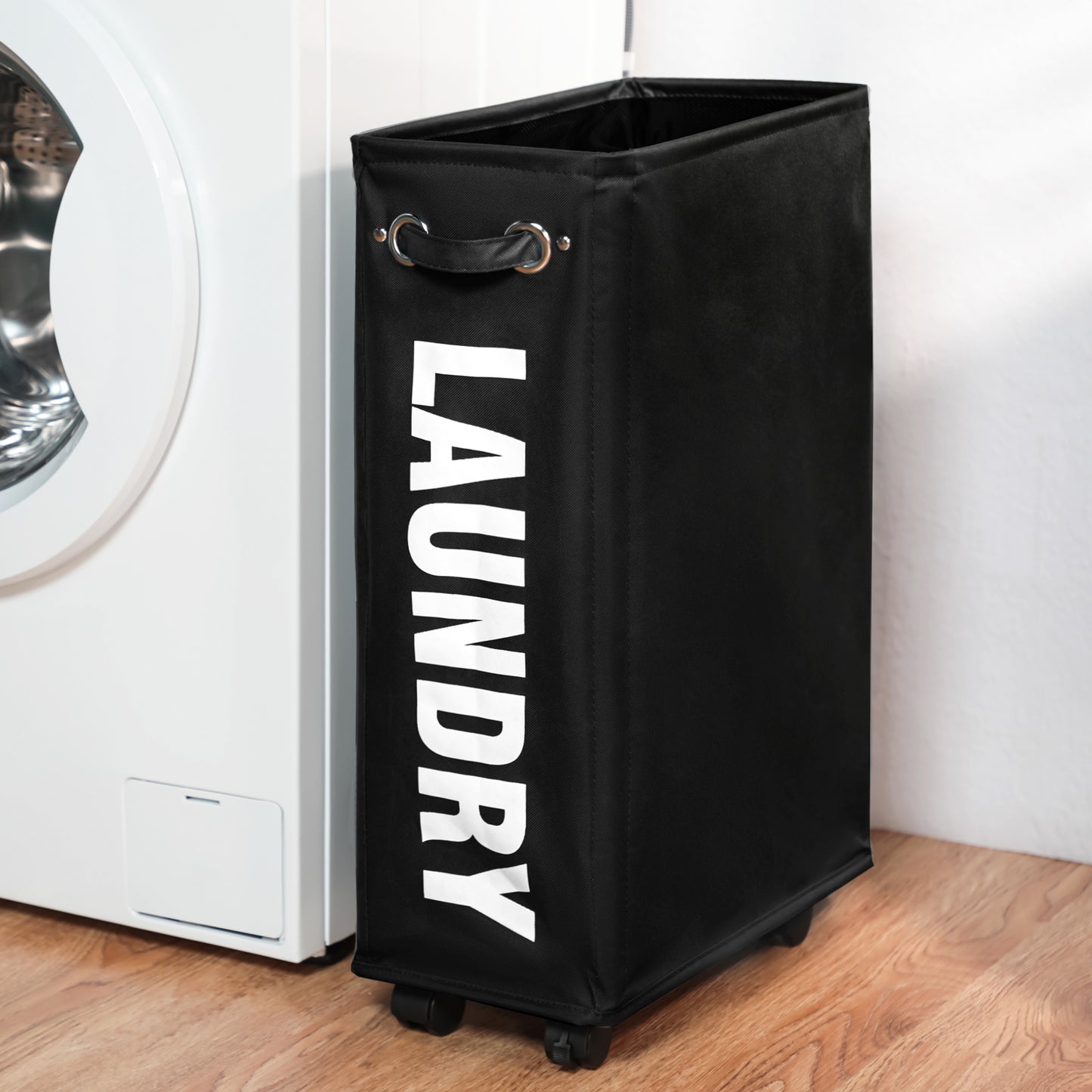 DOKEHOM 25-Inches Slim Laundry Basket on Wheels, Collapsible Rolling Laundry Hamper, Foldable Narrow Corner Clothes Storage Bins (Black)