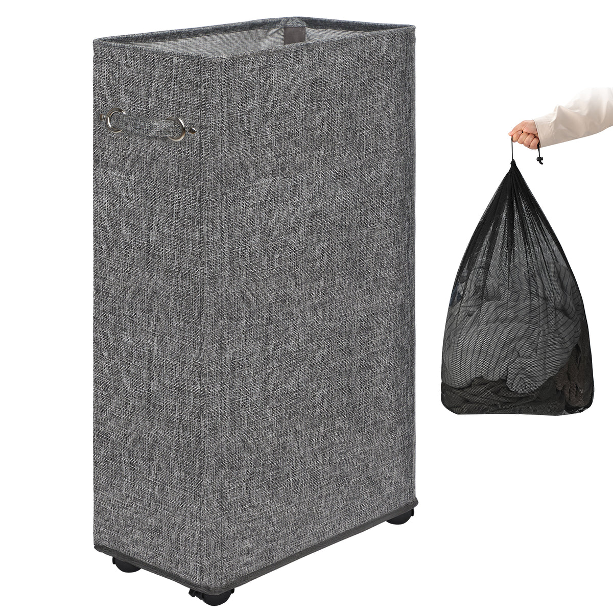 DOKEHOM 29-Inches Enlarged Slim Laundry Basket with Removable Wash Bag on Wheels, Collapsible Rolling Laundry Hamper, Foldable Narrow Corner Clothes Storage Bins (Linen Grey)