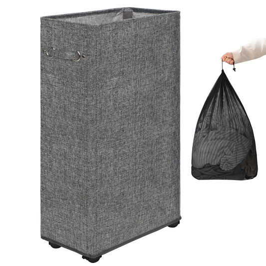 DOKEHOM 29-Inches Enlarged Slim Laundry Basket with Removable Wash Bag on Wheels, Collapsible Rolling Laundry Hamper, Foldable Narrow Corner Clothes Storage Bins (Linen Grey)