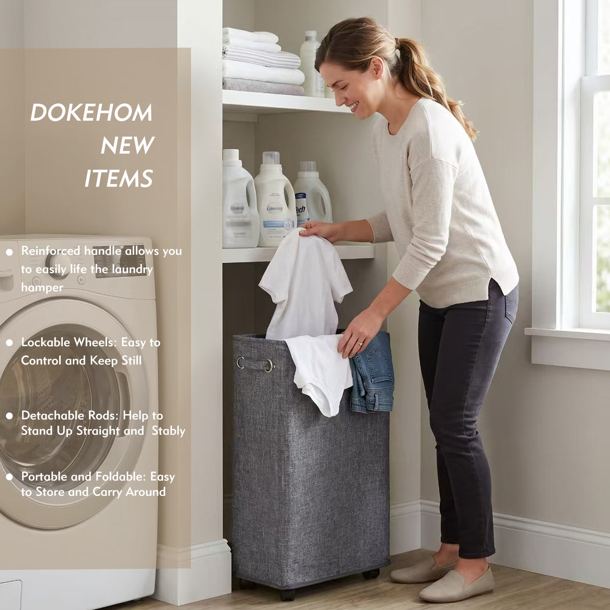 DOKEHOM 29-Inches Enlarged Slim Laundry Basket with Removable Wash Bag on Wheels, Collapsible Rolling Laundry Hamper, Foldable Narrow Corner Clothes Storage Bins (Linen Grey)