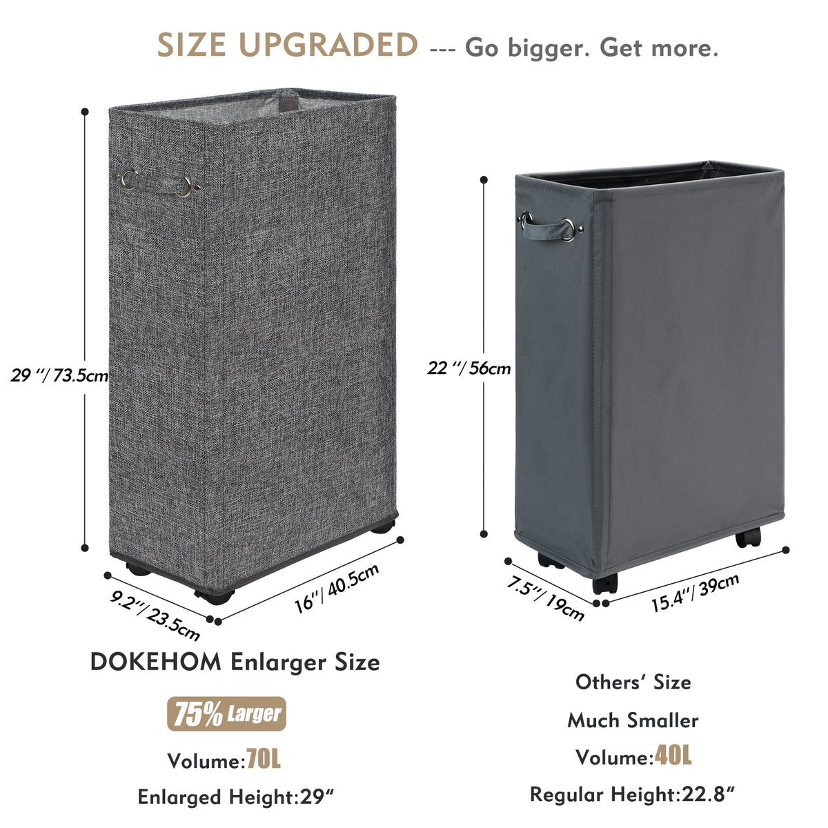 DOKEHOM 29-Inches Enlarged Slim Laundry Basket with Removable Wash Bag on Wheels, Collapsible Rolling Laundry Hamper, Foldable Narrow Corner Clothes Storage Bins (Linen Grey)