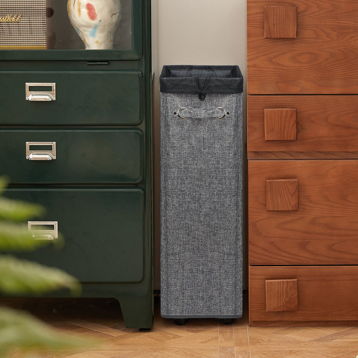 DOKEHOM 29-Inches Enlarged Slim Laundry Basket with Removable Wash Bag on Wheels, Collapsible Rolling Laundry Hamper, Foldable Narrow Corner Clothes Storage Bins (Linen Grey)