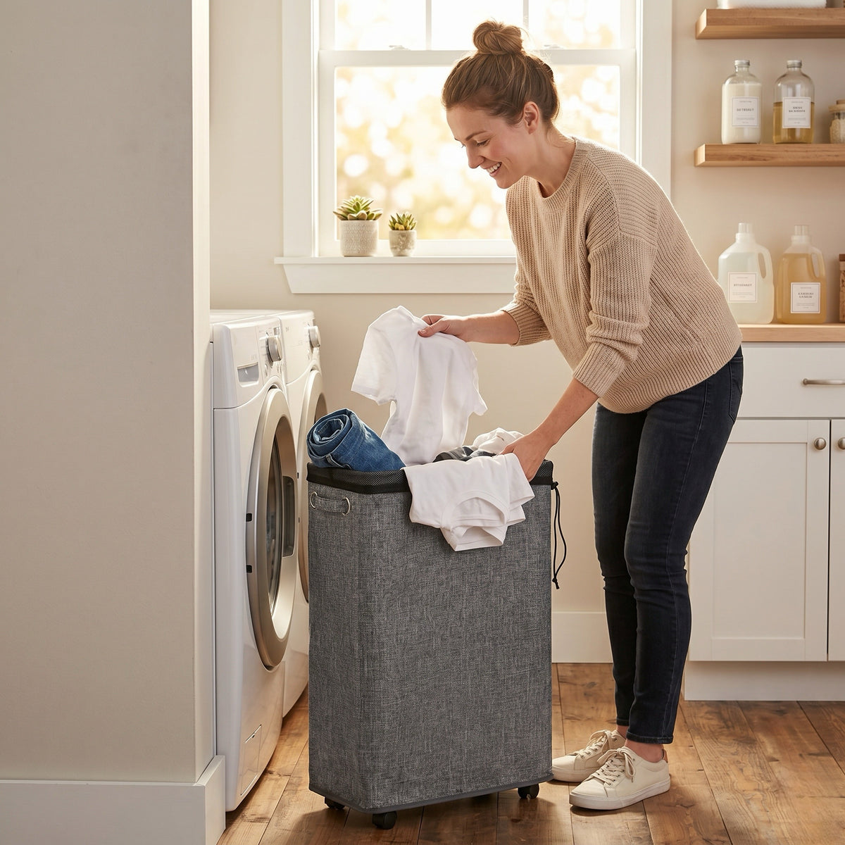 DOKEHOM 25-Inches Slim Laundry Basket on Wheels, Collapsible Rolling Laundry Hamper, Foldable Narrow Corner Clothes Storage Bins (Linen Grey)