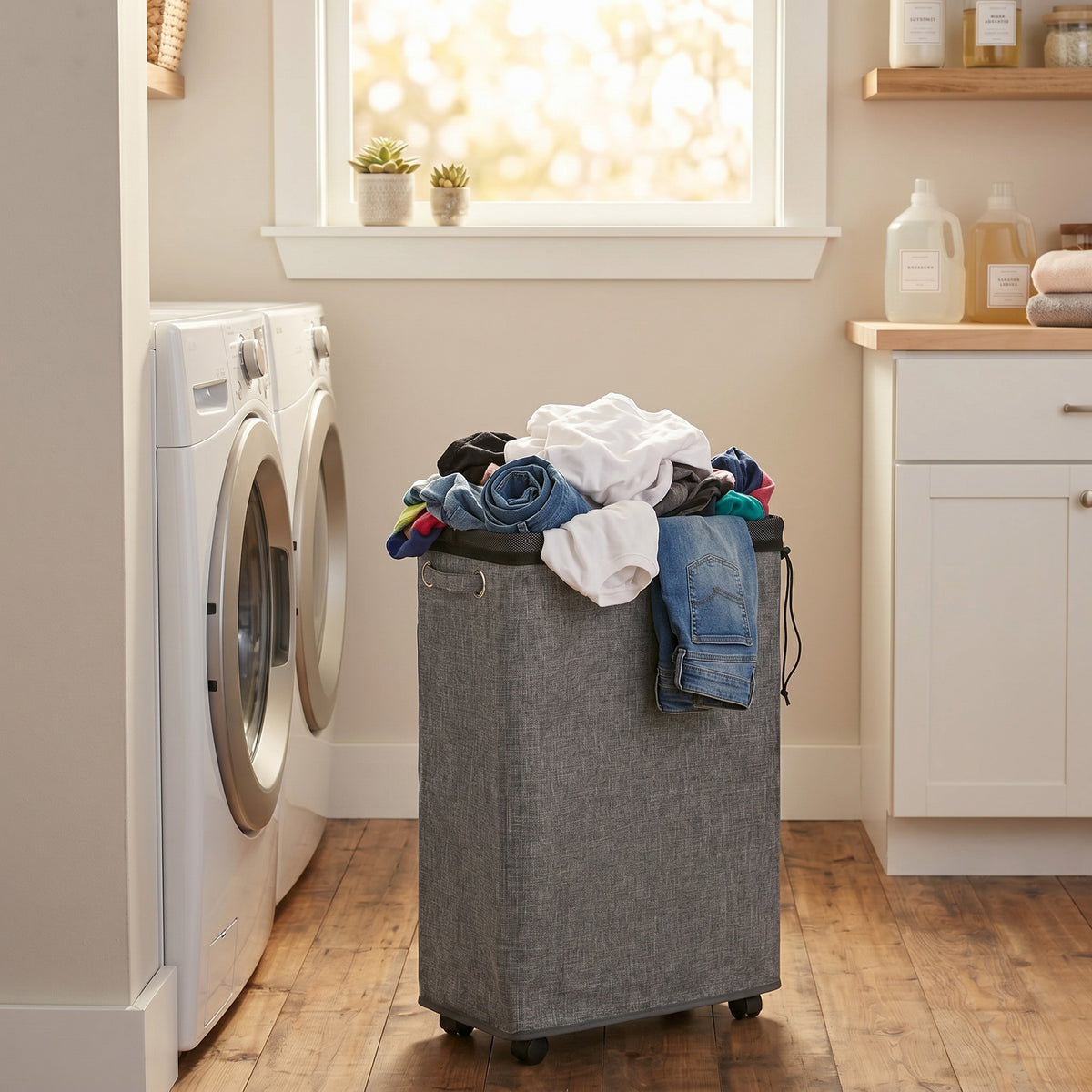 DOKEHOM 25-Inches Slim Laundry Basket on Wheels, Collapsible Rolling Laundry Hamper, Foldable Narrow Corner Clothes Storage Bins (Linen Grey)