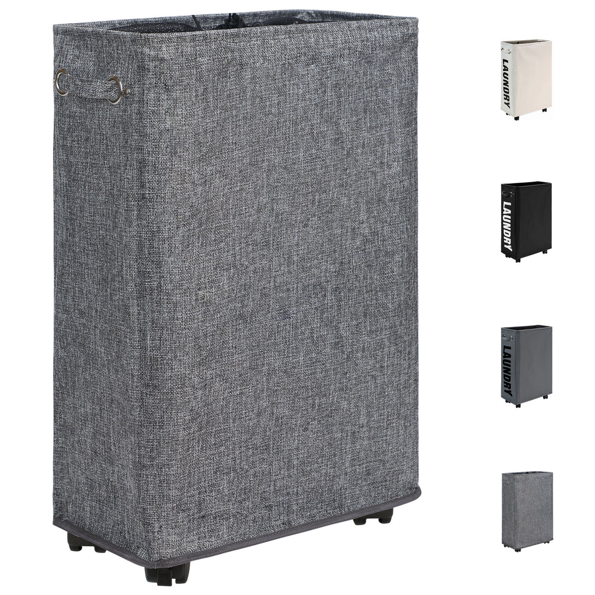 DOKEHOM 25-Inches Slim Laundry Basket on Wheels, Collapsible Rolling Laundry Hamper, Foldable Narrow Corner Clothes Storage Bins (Linen Grey)