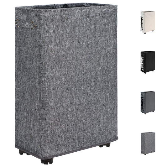 DOKEHOM 25-Inches Slim Laundry Basket on Wheels, Collapsible Rolling Laundry Hamper, Foldable Narrow Corner Clothes Storage Bins (Linen Grey)