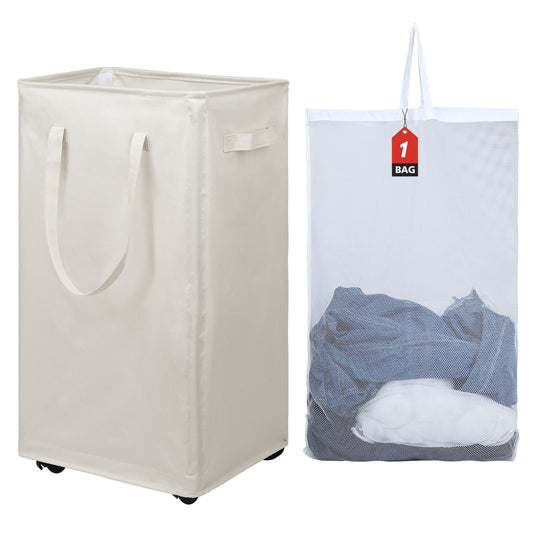 DOKEHOM 90L X-Large Laundry Basket with Removable Wash Bag on Wheels, Collapsible Rolling Laundry Hamper, Foldable Clothes Organizer, Folding Washing Bin (Beige)