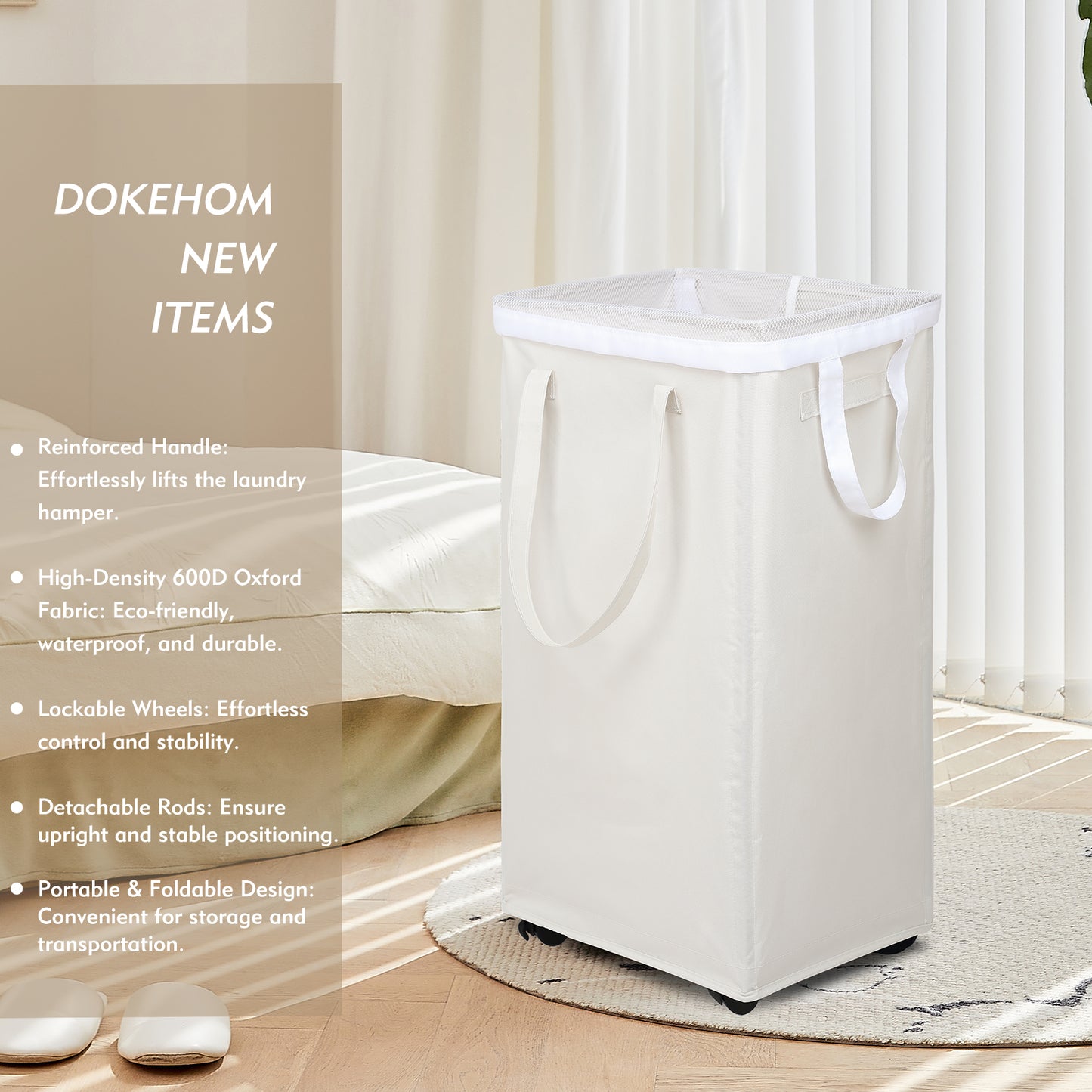 DOKEHOM 90L X-Large Laundry Basket with Removable Wash Bag on Wheels, Collapsible Rolling Laundry Hamper, Foldable Clothes Organizer, Folding Washing Bin (Beige)