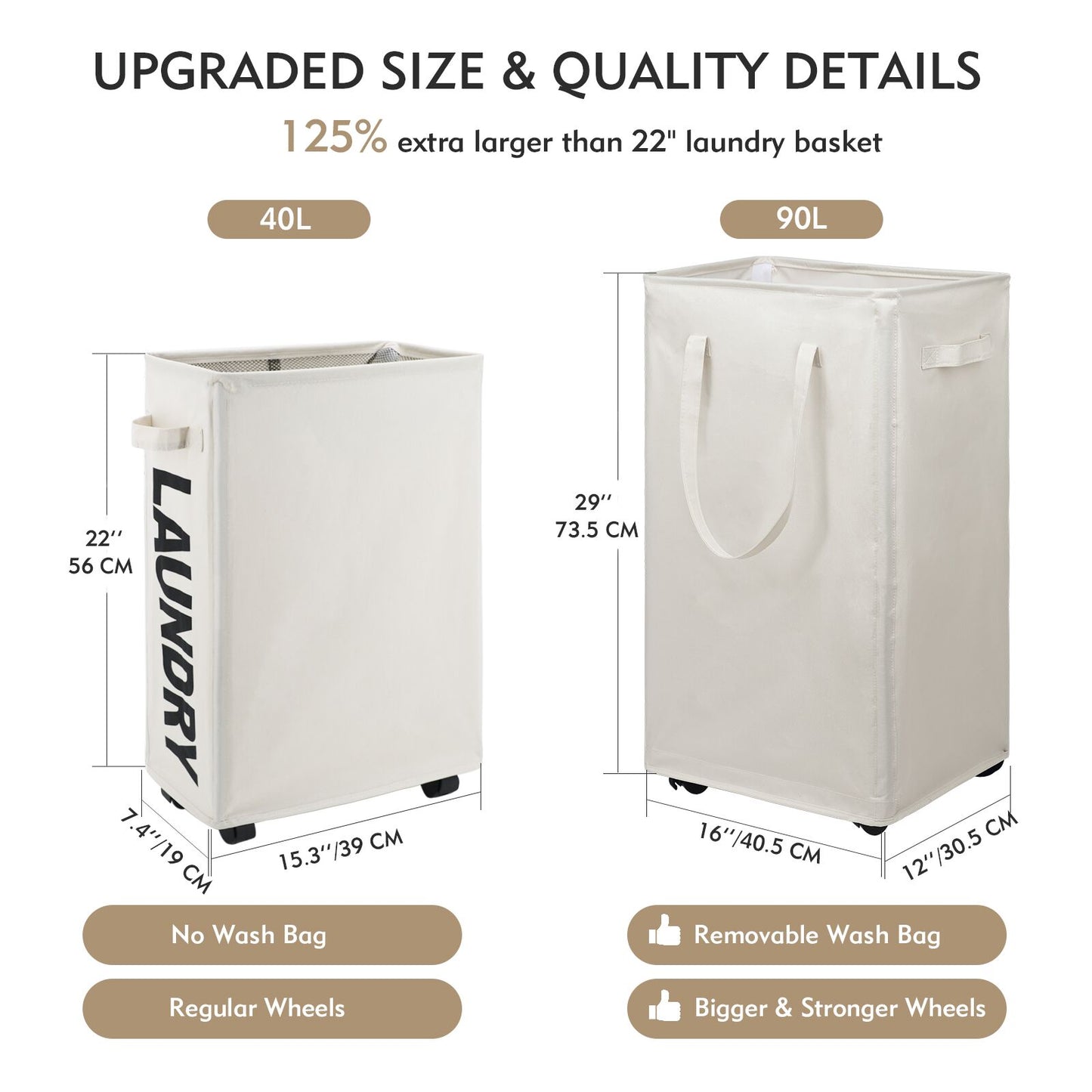 DOKEHOM 90L X-Large Laundry Basket with Removable Wash Bag on Wheels, Collapsible Rolling Laundry Hamper, Foldable Clothes Organizer, Folding Washing Bin (Beige)